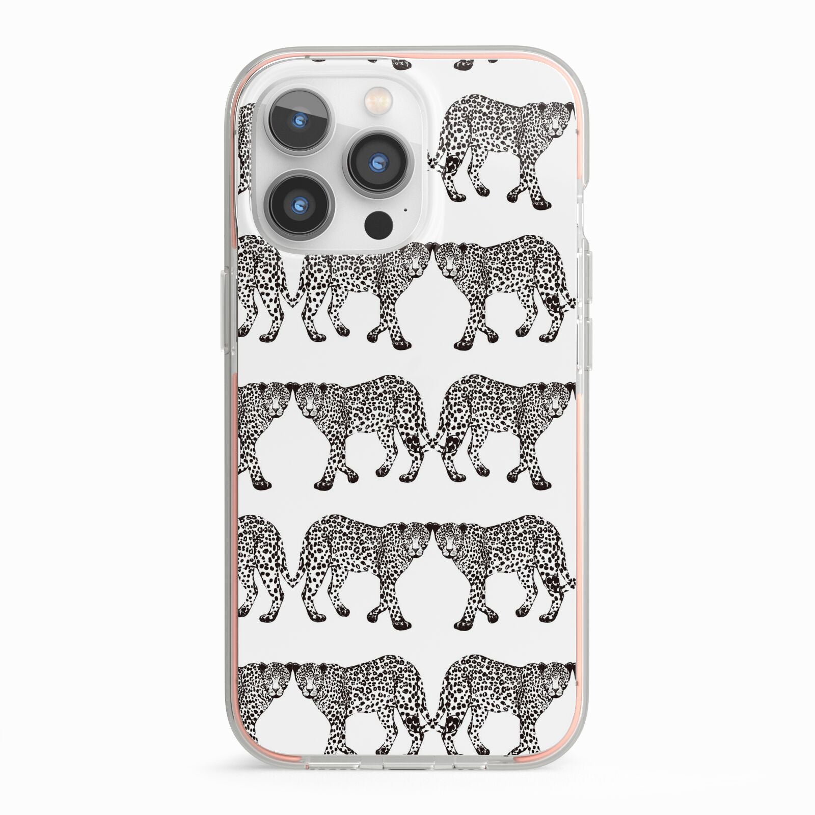 Monochrome Mirrored Leopard Print iPhone 13 Pro TPU Impact Case with Pink Edges
