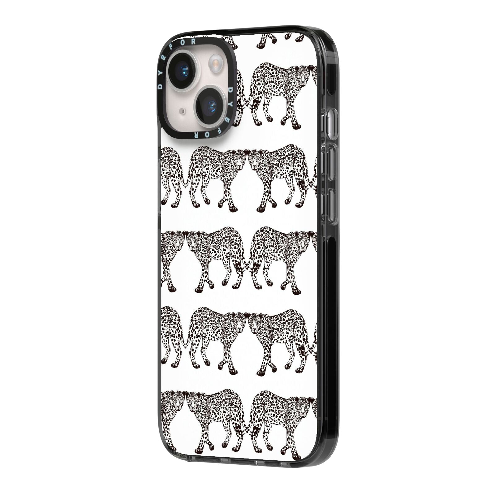 Monochrome Mirrored Leopard Print iPhone 14 Black Impact Case Side Angle on Silver phone