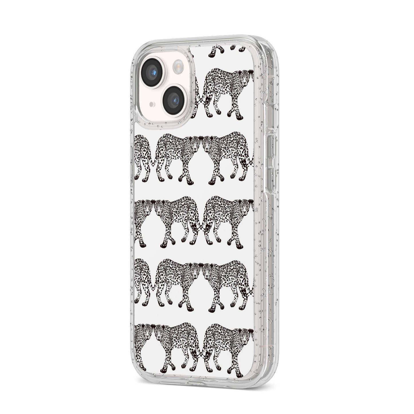 Monochrome Mirrored Leopard Print iPhone 14 Glitter Tough Case Starlight Angled Image