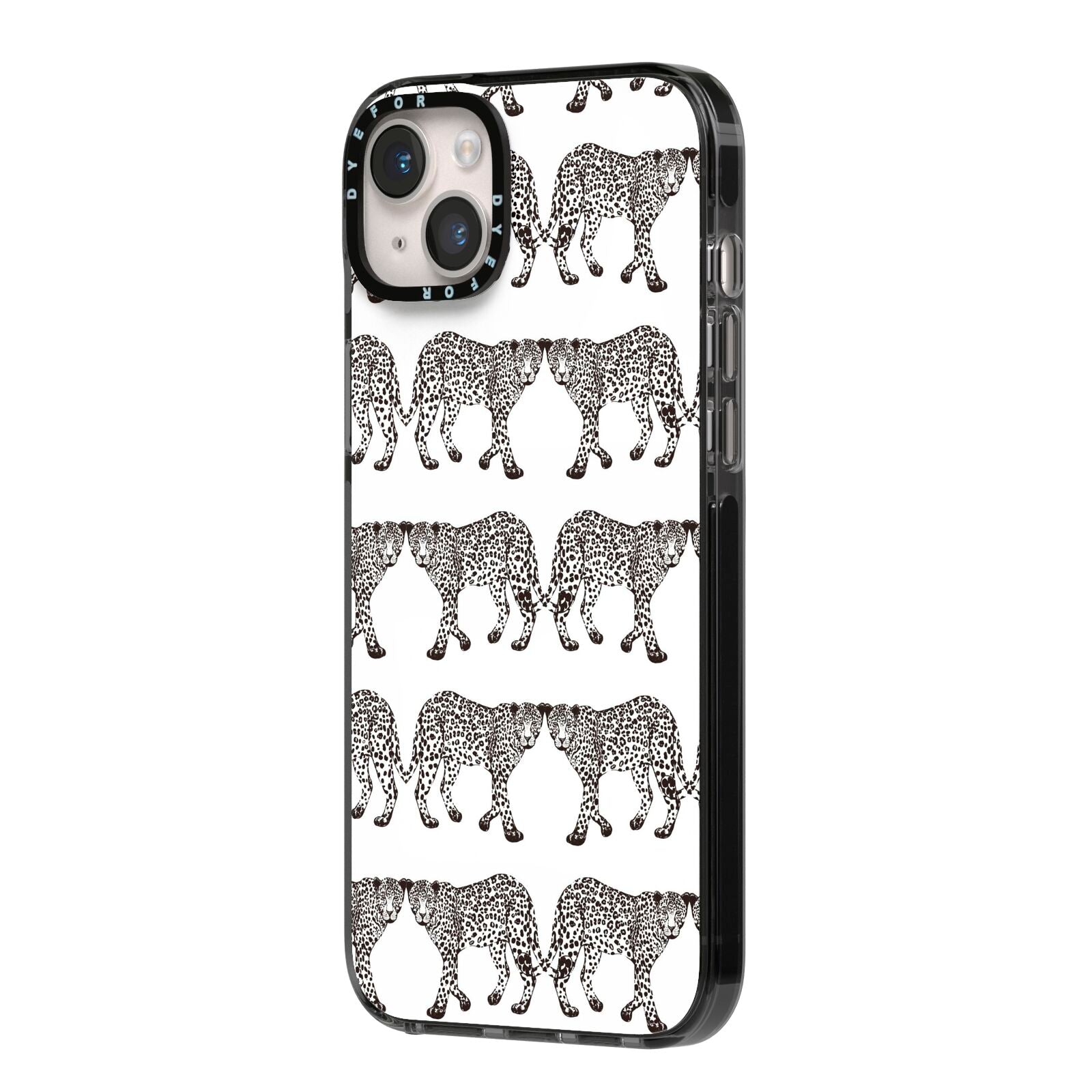 Monochrome Mirrored Leopard Print iPhone 14 Plus Black Impact Case Side Angle on Silver phone