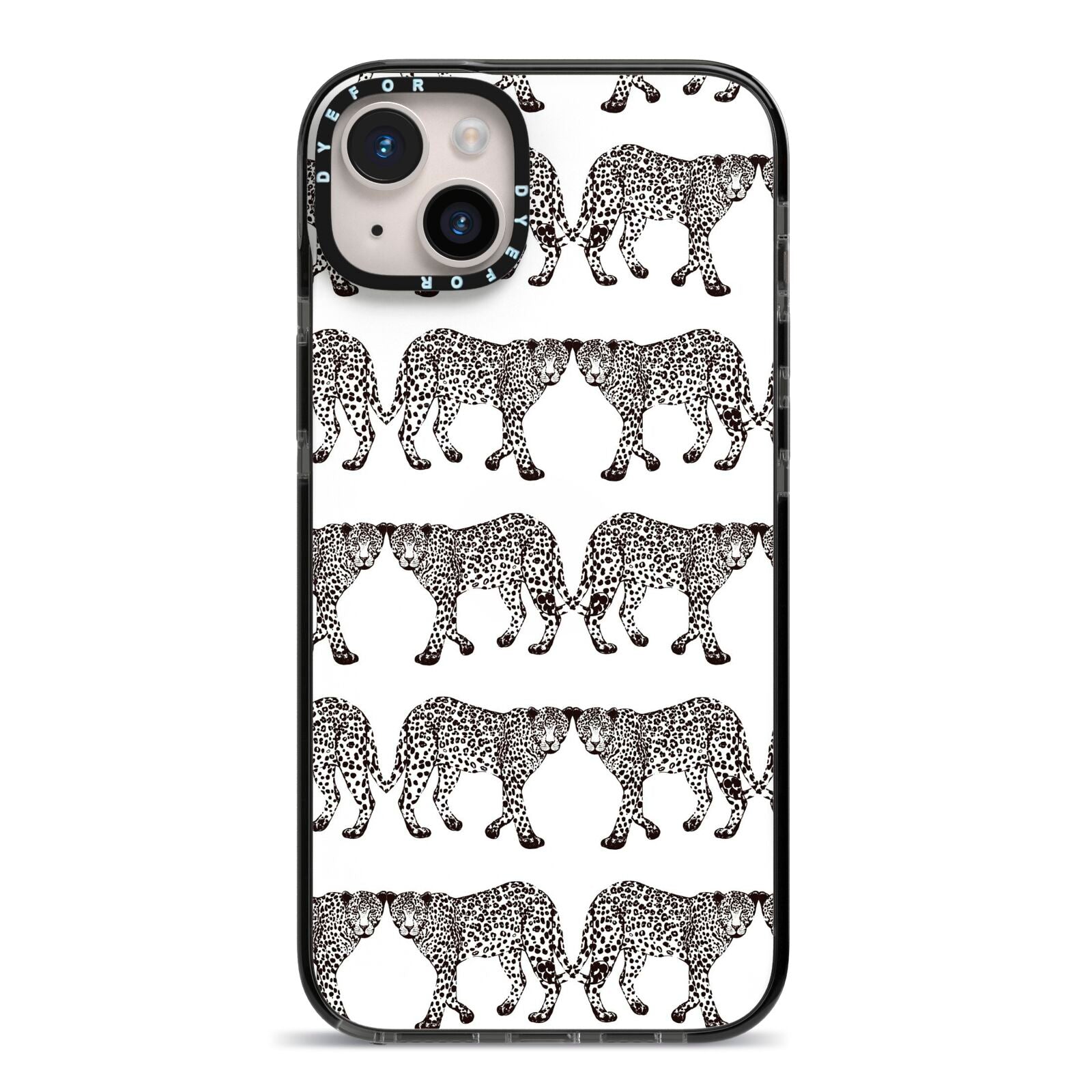 Monochrome Mirrored Leopard Print iPhone 14 Plus Black Impact Case on Silver phone