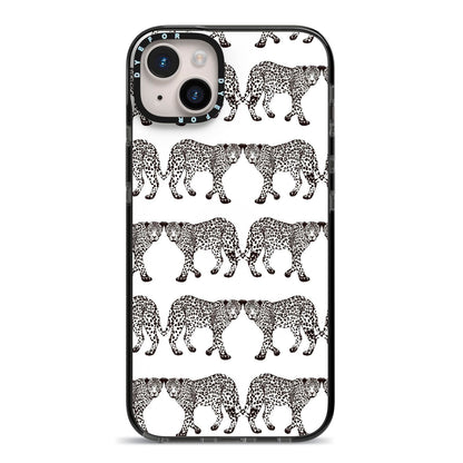 Monochrome Mirrored Leopard Print iPhone 14 Plus Black Impact Case on Silver phone