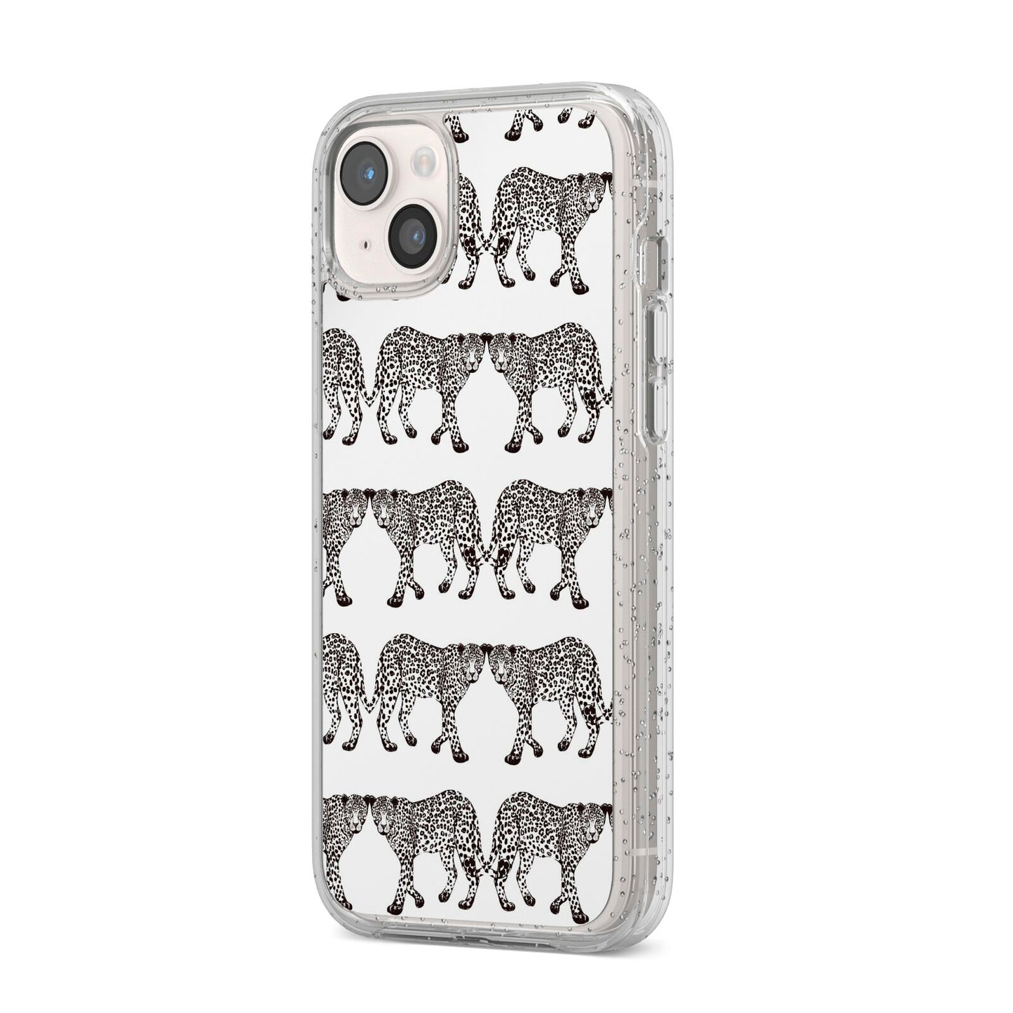 Monochrome Mirrored Leopard Print iPhone 14 Plus Glitter Tough Case Starlight Angled Image
