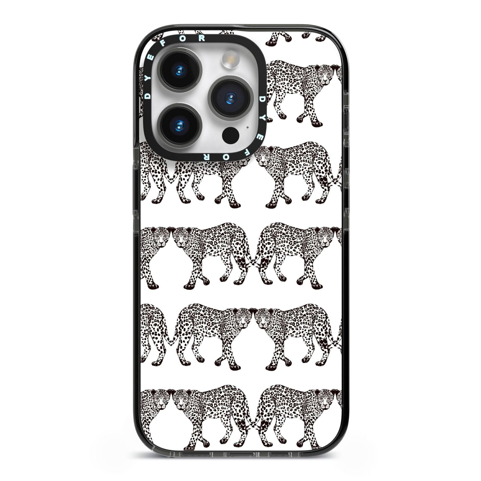 Monochrome Mirrored Leopard Print iPhone 14 Pro Black Impact Case on Silver phone