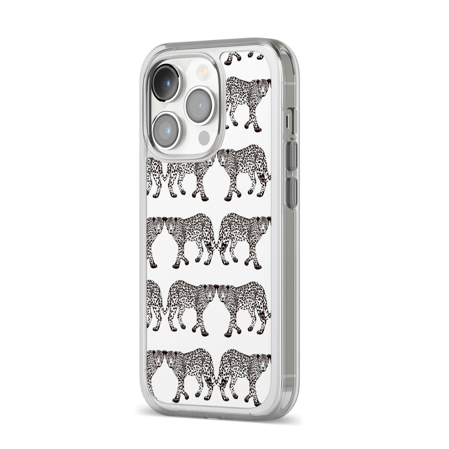 Monochrome Mirrored Leopard Print iPhone 14 Pro Clear Tough Case Silver Angled Image