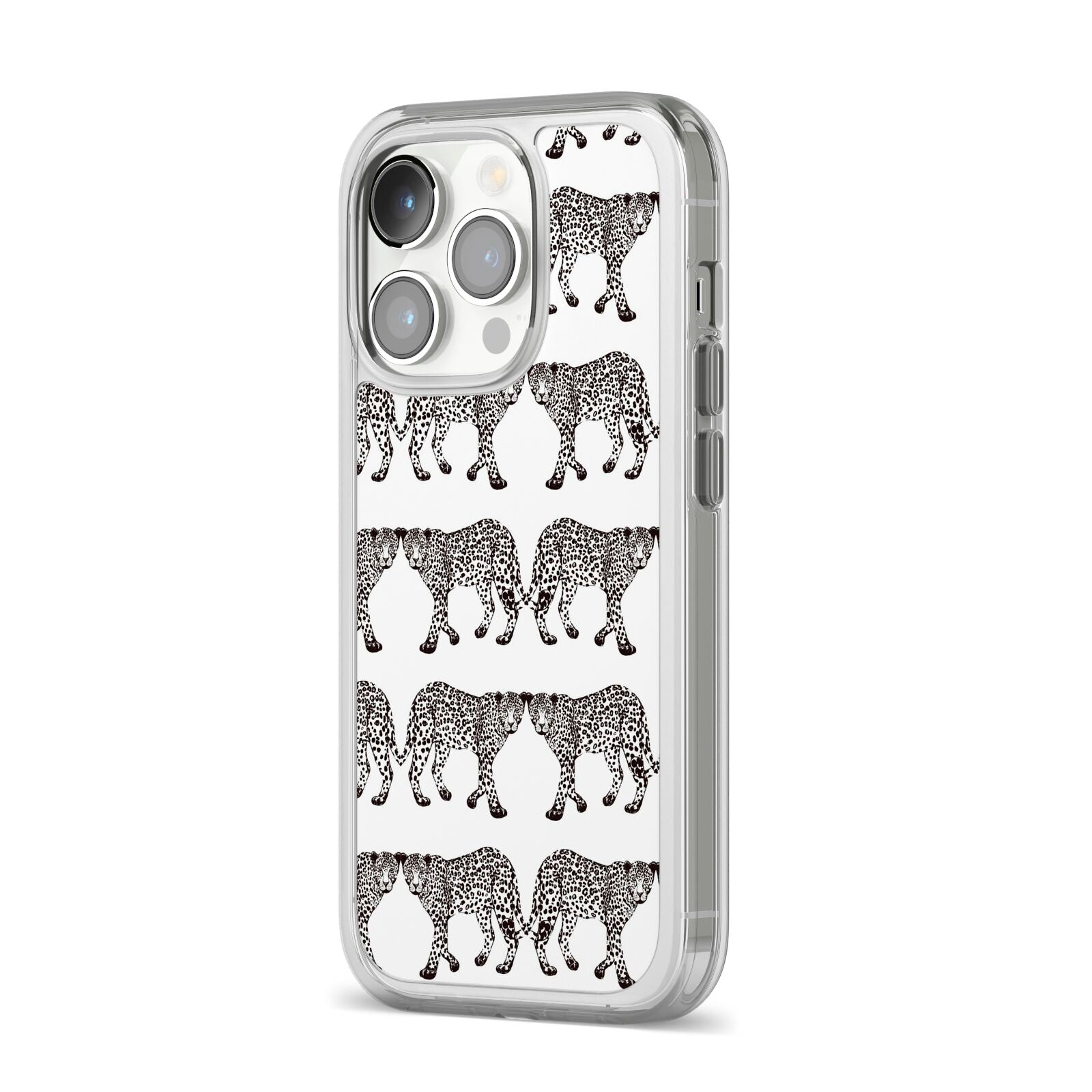 Monochrome Mirrored Leopard Print iPhone 14 Pro Clear Tough Case Silver Angled Image