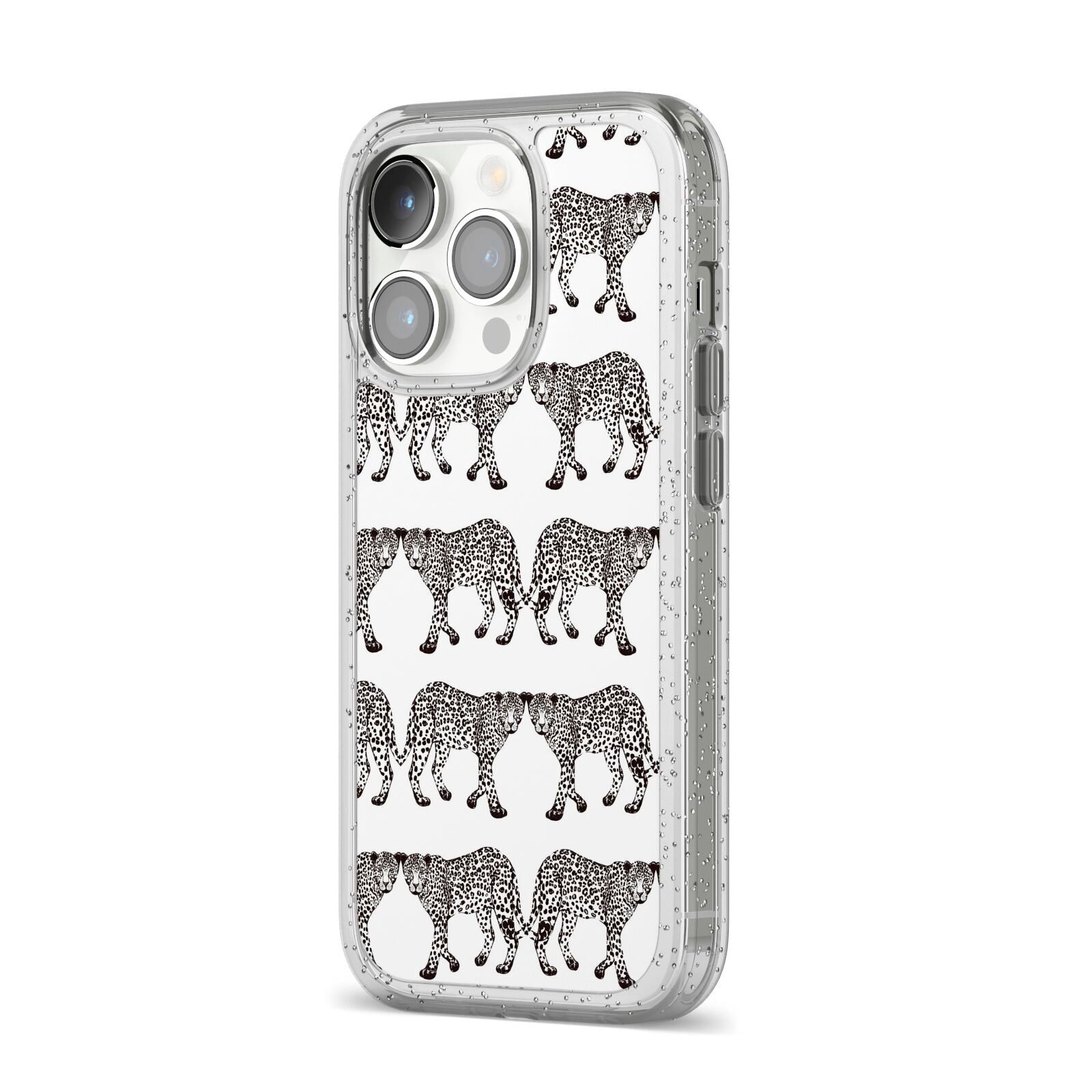 Monochrome Mirrored Leopard Print iPhone 14 Pro Glitter Tough Case Silver Angled Image