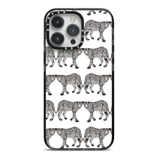 Monochrome Mirrored Leopard Print iPhone 14 Pro Max Black Impact Case on Silver phone
