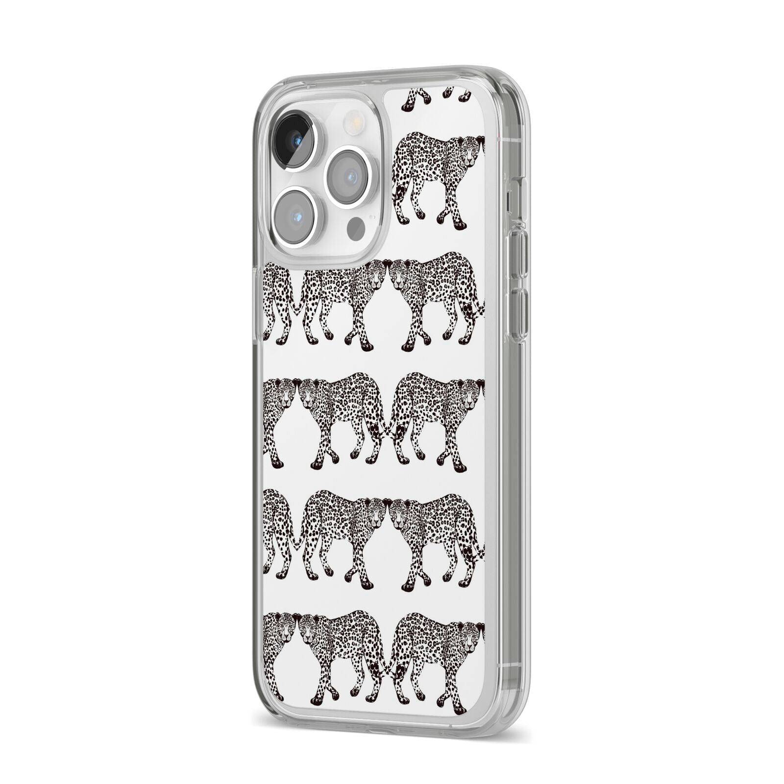 Monochrome Mirrored Leopard Print iPhone 14 Pro Max Clear Tough Case Silver Angled Image