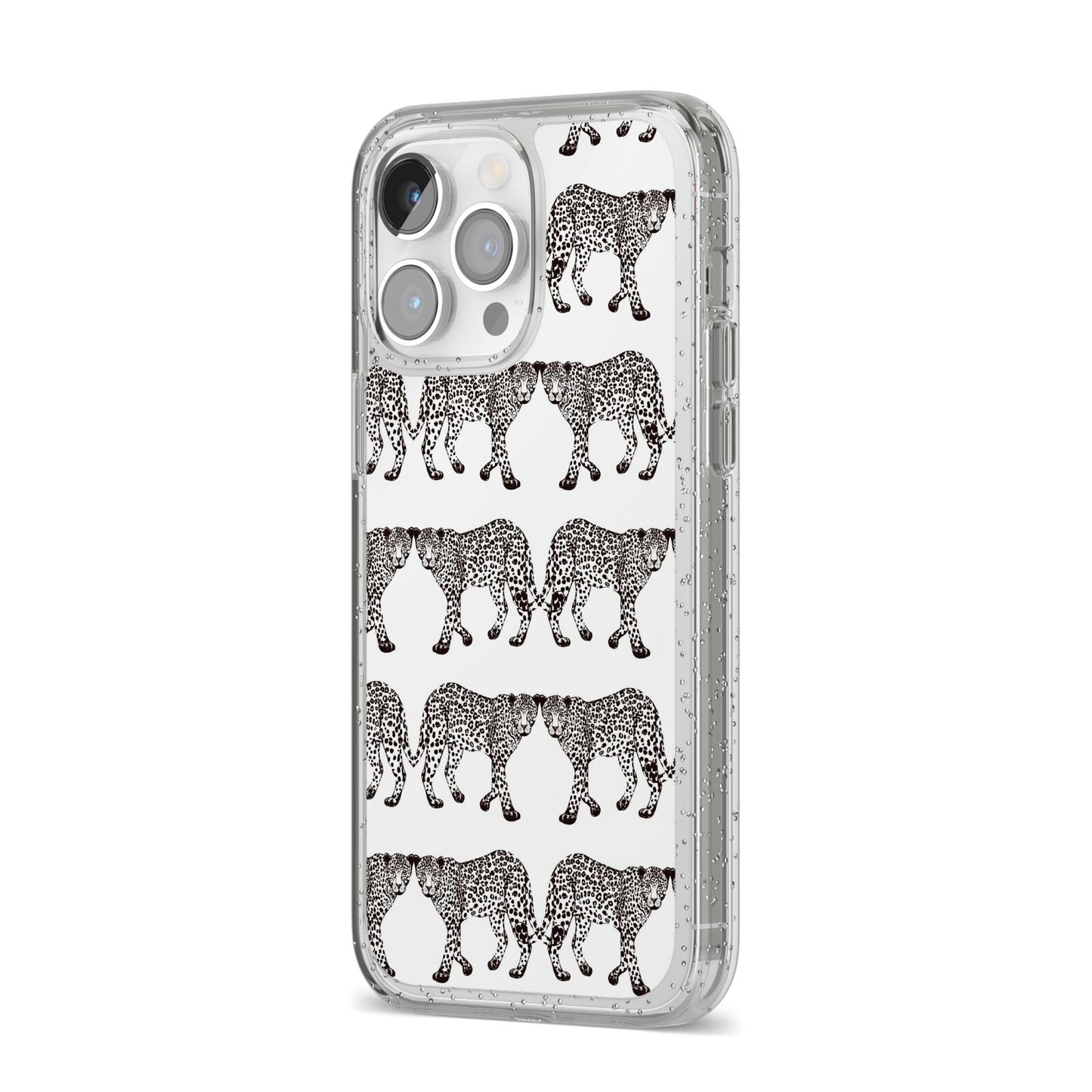 Monochrome Mirrored Leopard Print iPhone 14 Pro Max Glitter Tough Case Silver Angled Image