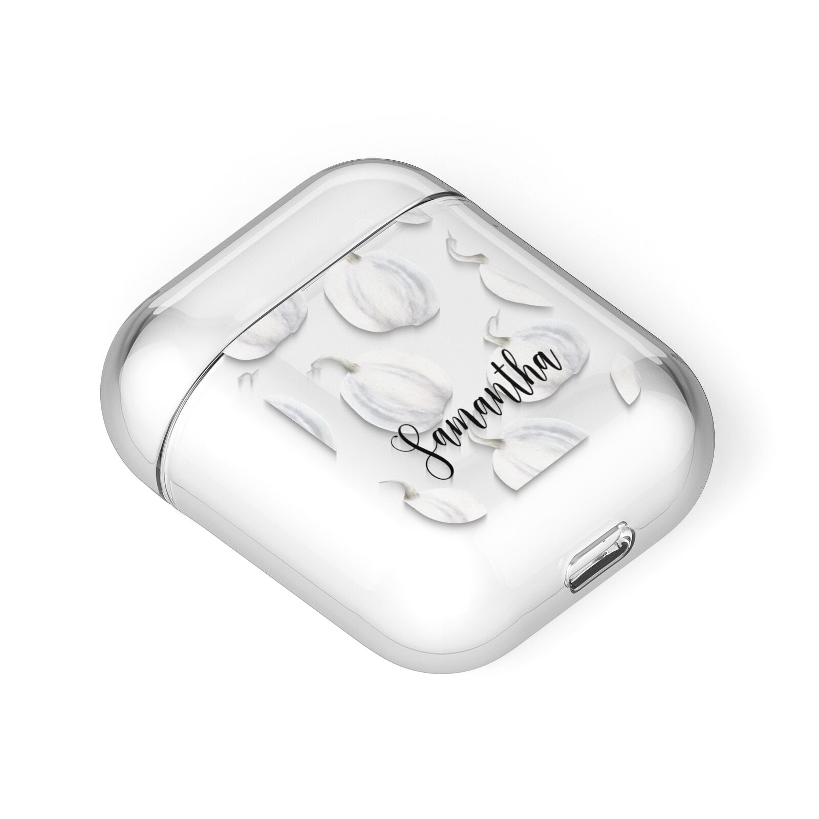 Monochrome Pumpkins with Text AirPods Case Laid Flat