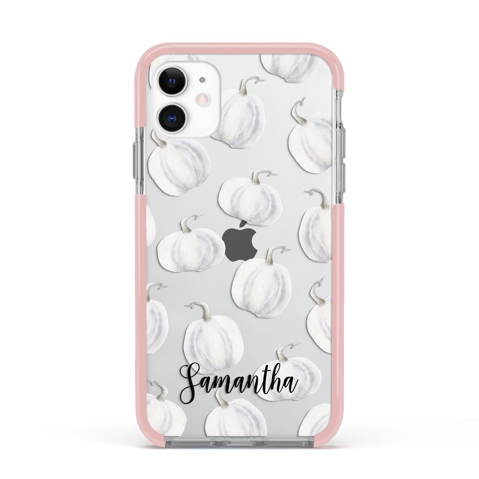 Monochrome Pumpkins with Text Apple iPhone 11 in White with Pink Impact Case
