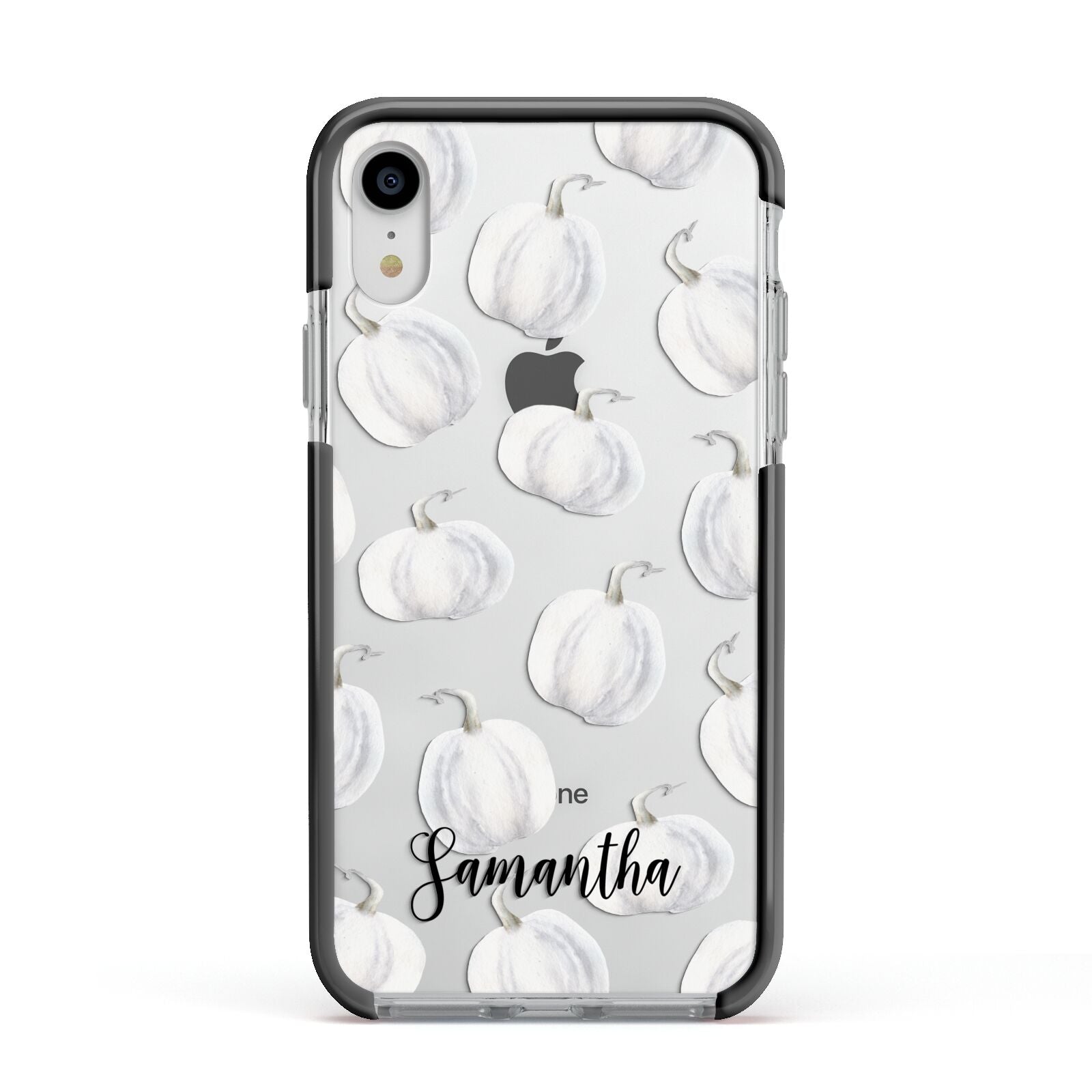 Monochrome Pumpkins with Text Apple iPhone XR Impact Case Black Edge on Silver Phone