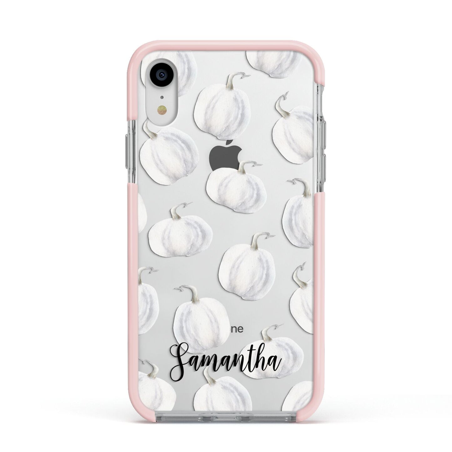 Monochrome Pumpkins with Text Apple iPhone XR Impact Case Pink Edge on Silver Phone