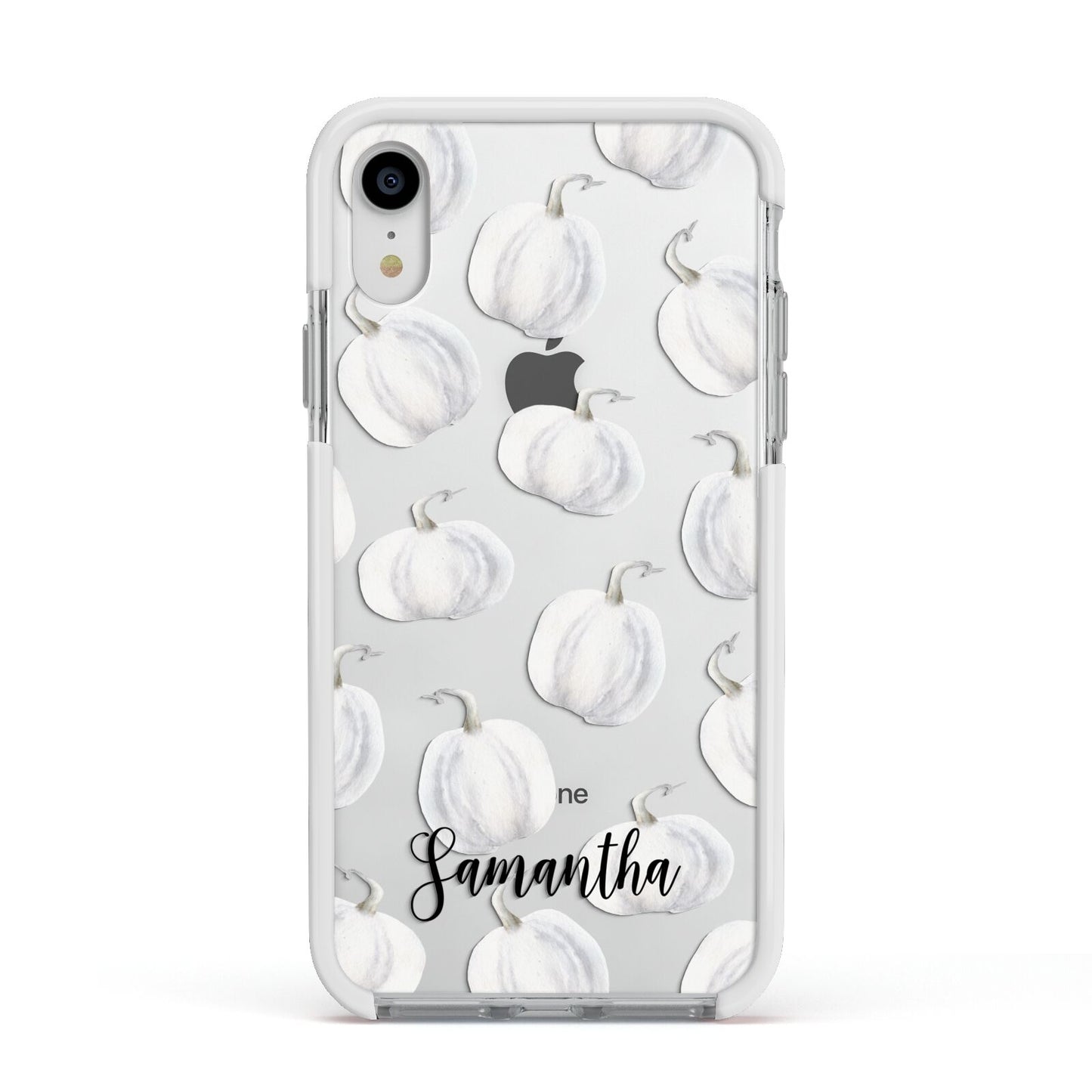 Monochrome Pumpkins with Text Apple iPhone XR Impact Case White Edge on Silver Phone