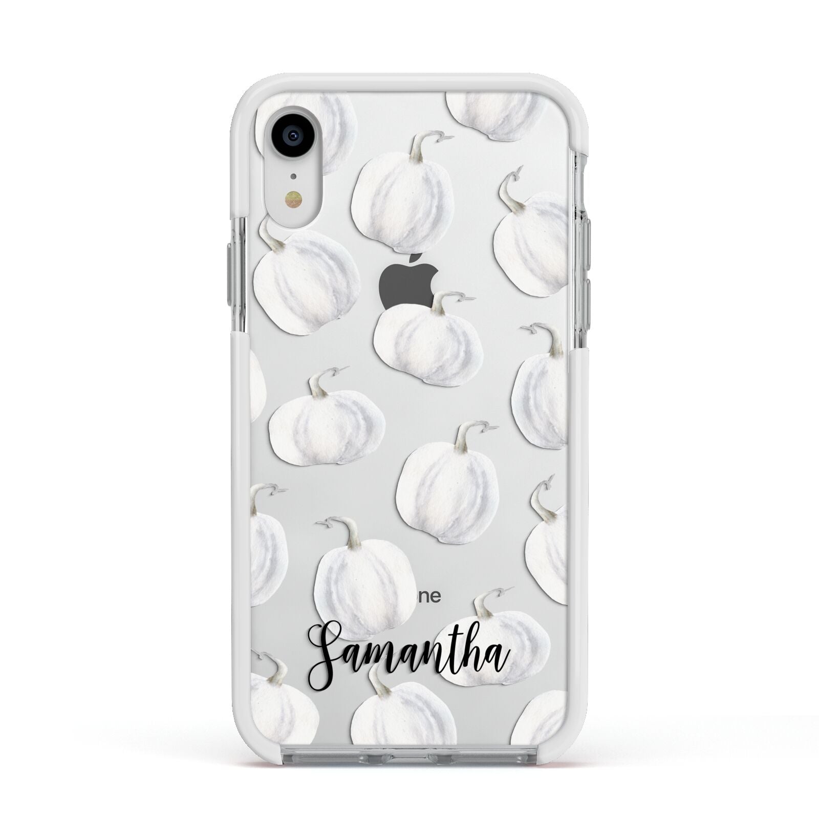 Monochrome Pumpkins with Text Apple iPhone XR Impact Case White Edge on Silver Phone