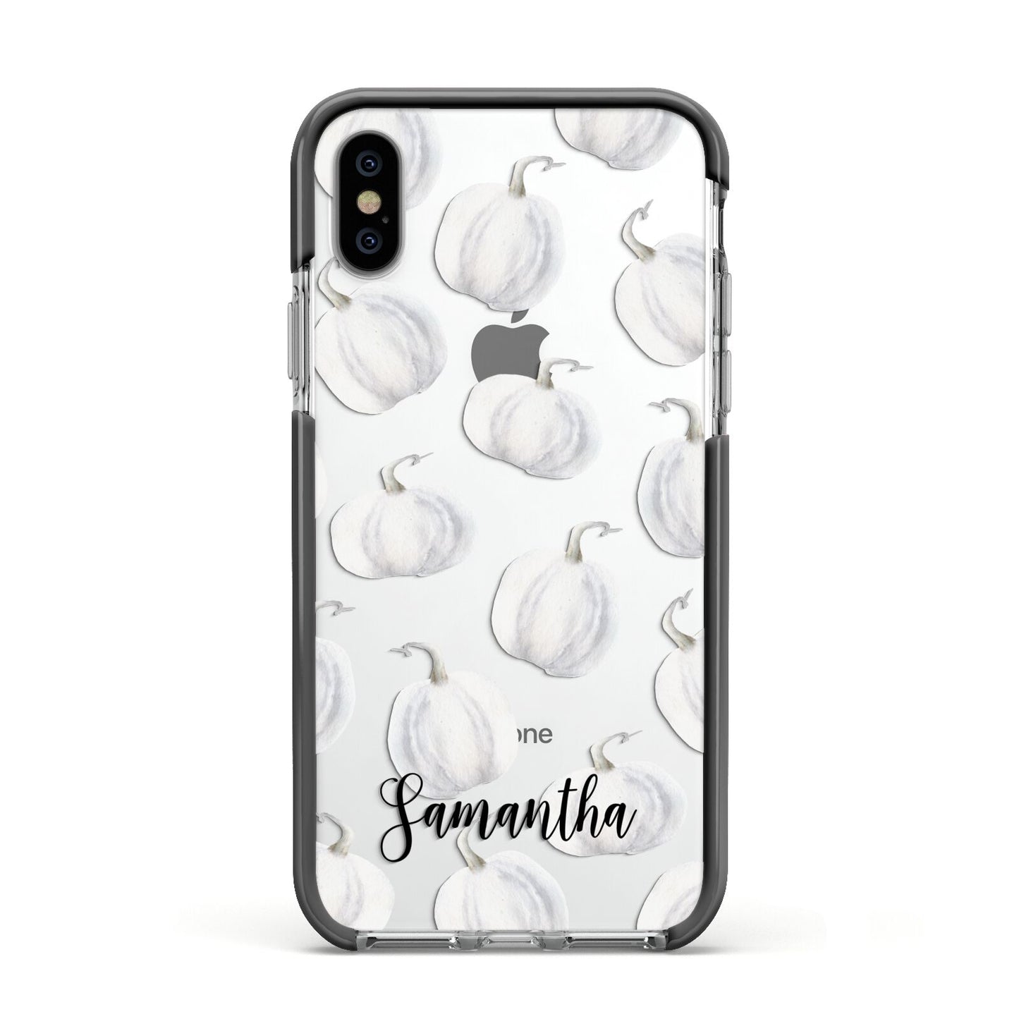 Monochrome Pumpkins with Text Apple iPhone Xs Impact Case Black Edge on Silver Phone