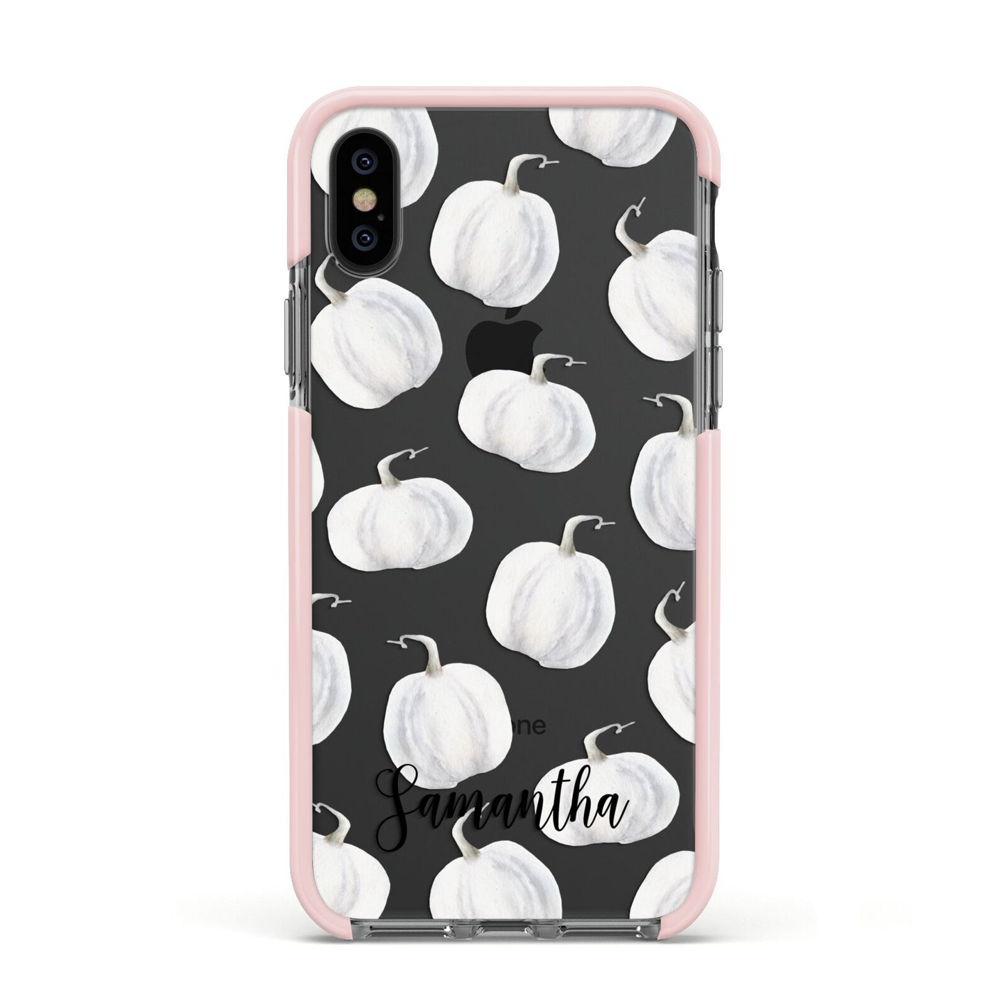 Monochrome Pumpkins with Text Apple iPhone Xs Impact Case Pink Edge on Black Phone
