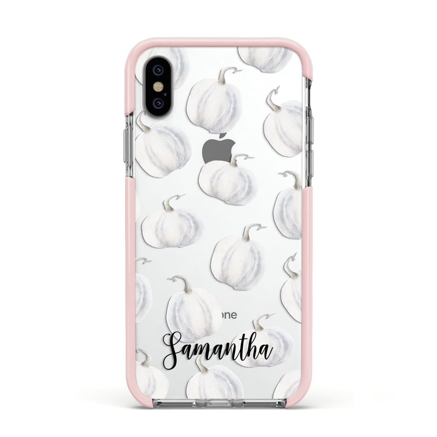 Monochrome Pumpkins with Text Apple iPhone Xs Impact Case Pink Edge on Silver Phone