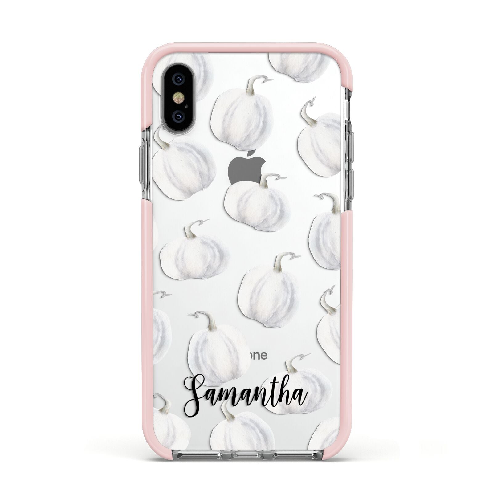 Monochrome Pumpkins with Text Apple iPhone Xs Impact Case Pink Edge on Silver Phone