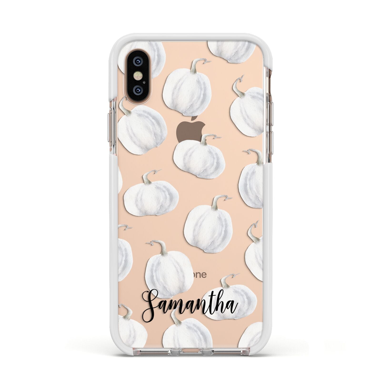 Monochrome Pumpkins with Text Apple iPhone Xs Impact Case White Edge on Gold Phone