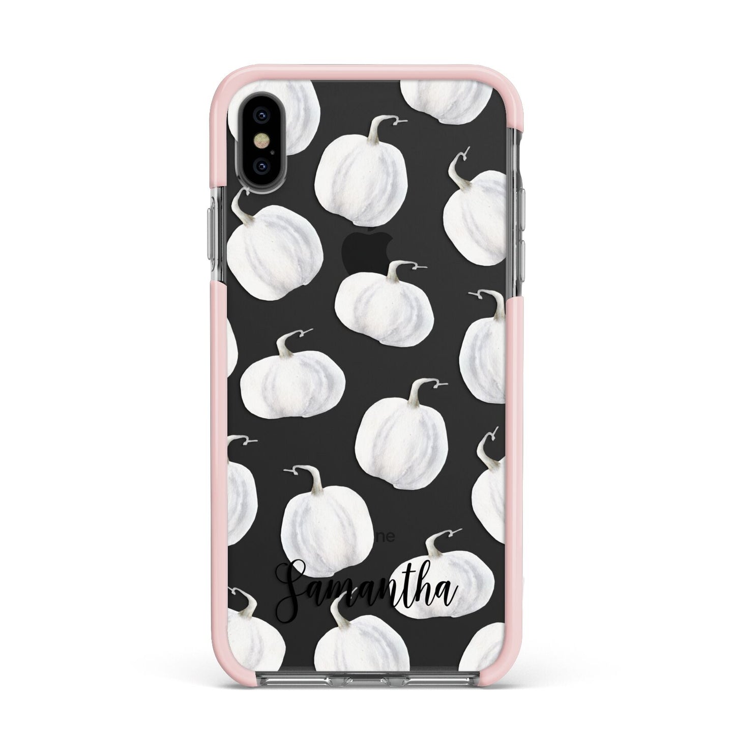 Monochrome Pumpkins with Text Apple iPhone Xs Max Impact Case Pink Edge on Black Phone