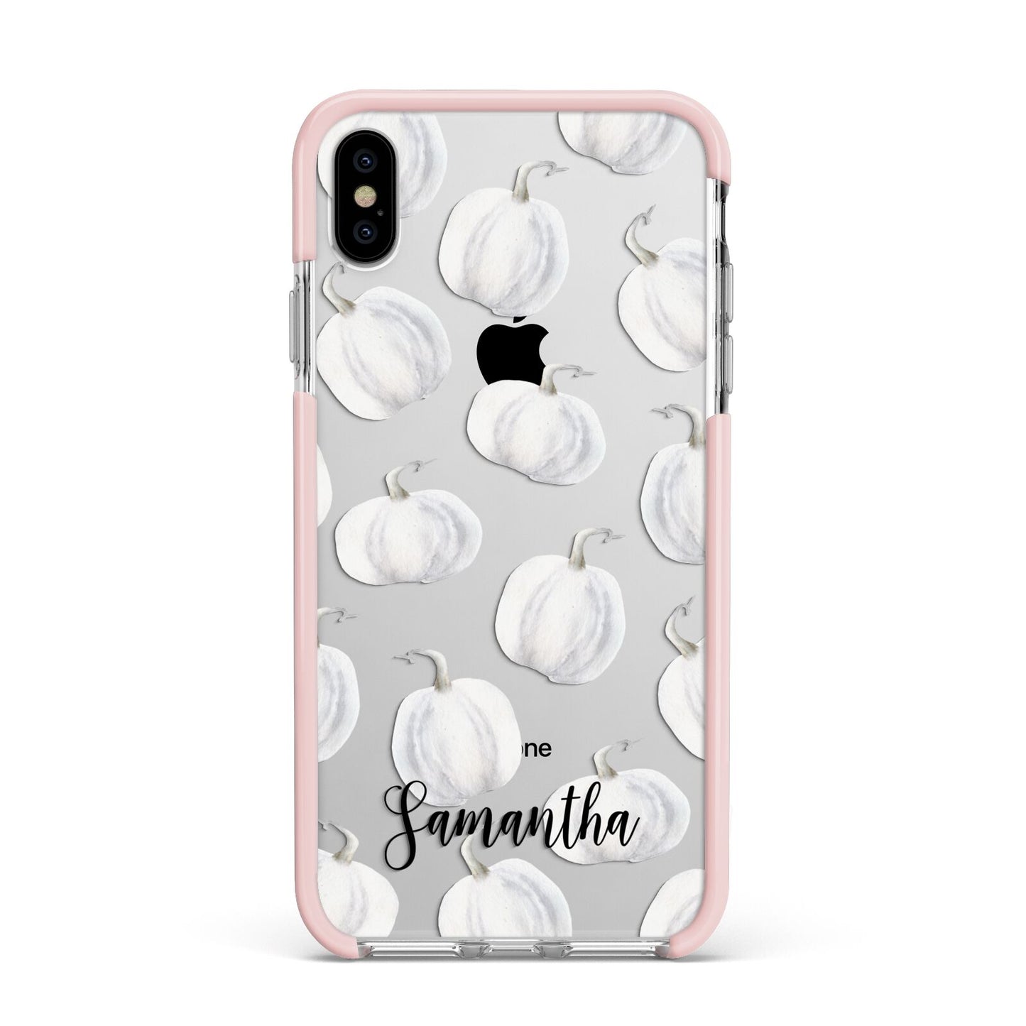 Monochrome Pumpkins with Text Apple iPhone Xs Max Impact Case Pink Edge on Silver Phone