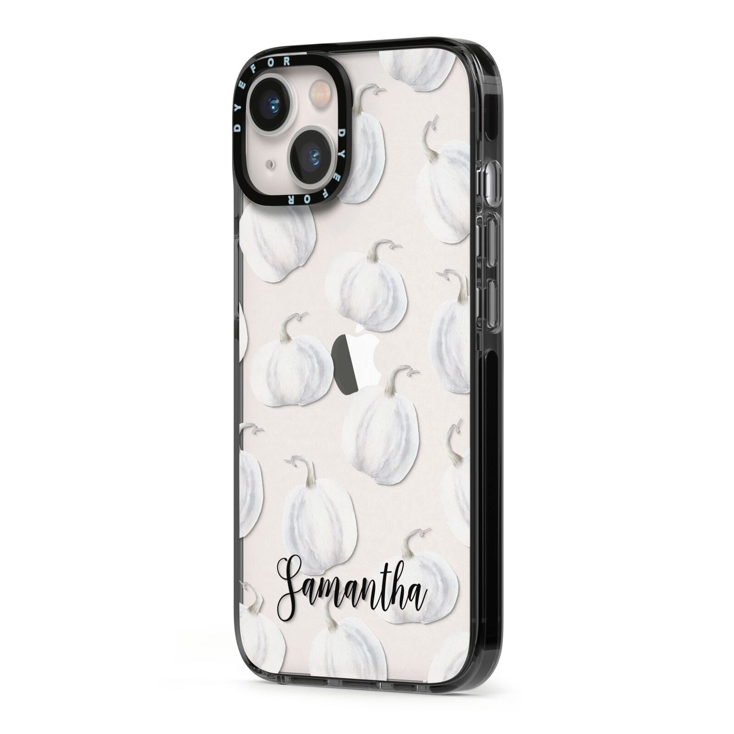 Monochrome Pumpkins with Text iPhone 13 Black Impact Case Side Angle on Silver phone