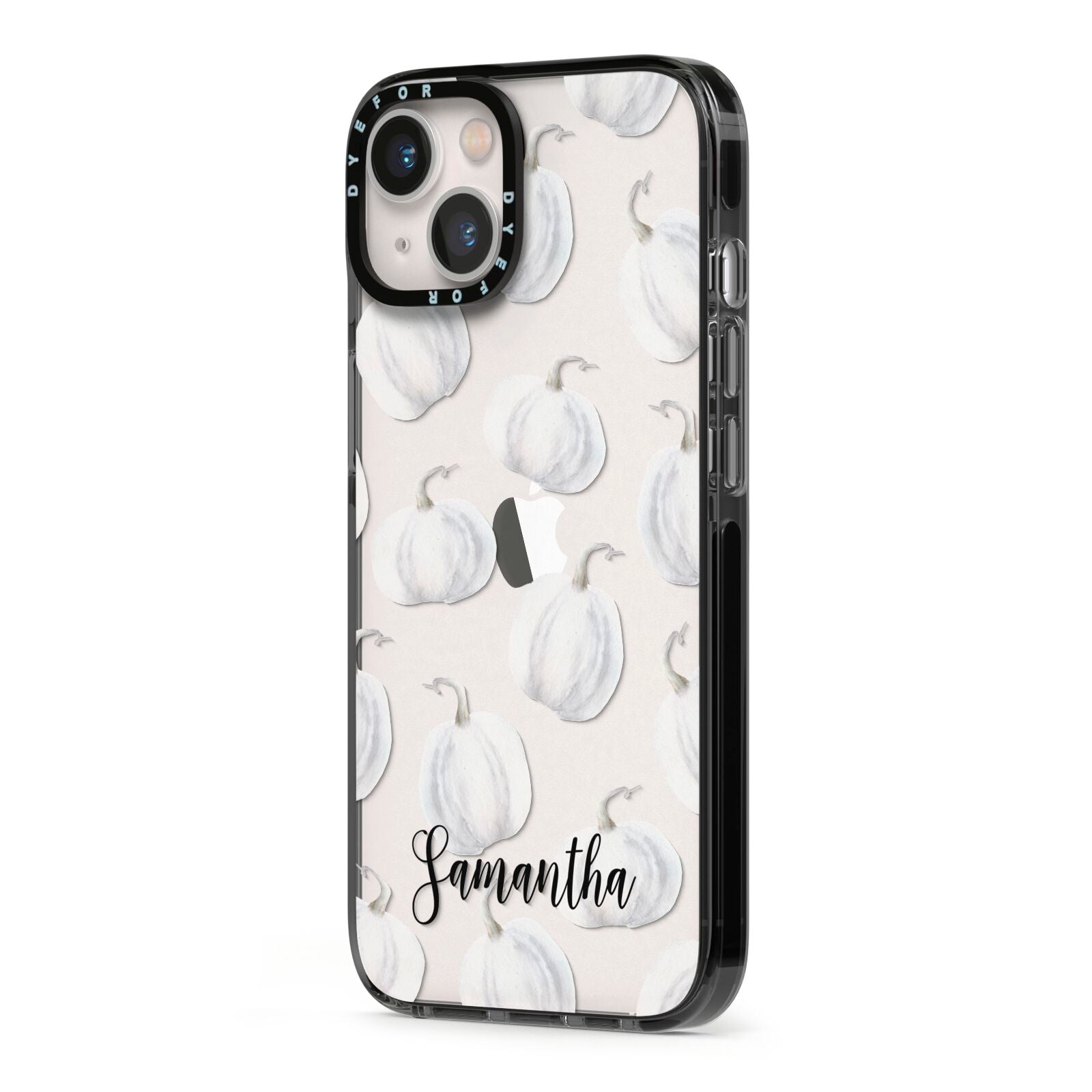 Monochrome Pumpkins with Text iPhone 13 Black Impact Case Side Angle on Silver phone