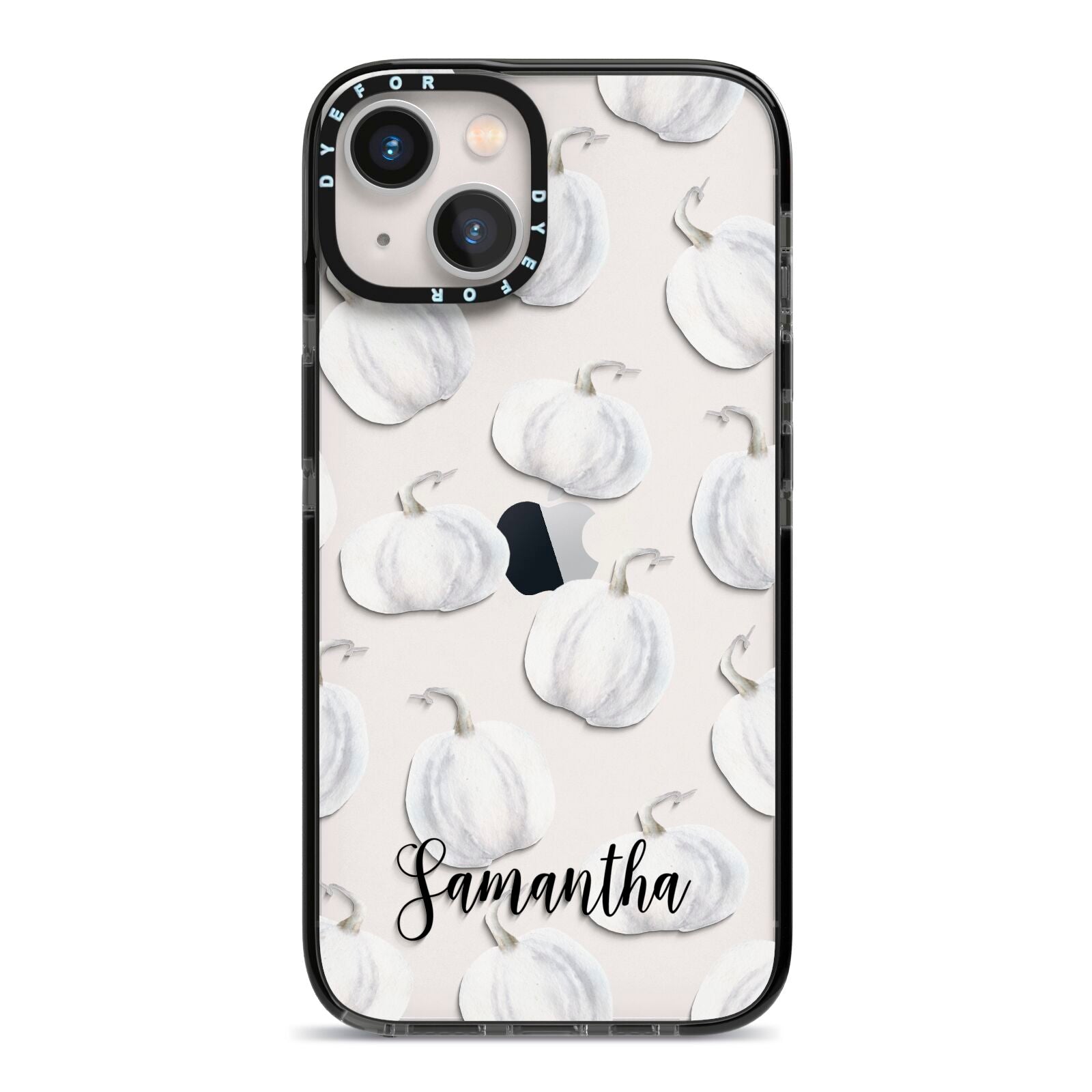 Monochrome Pumpkins with Text iPhone 13 Black Impact Case on Silver phone