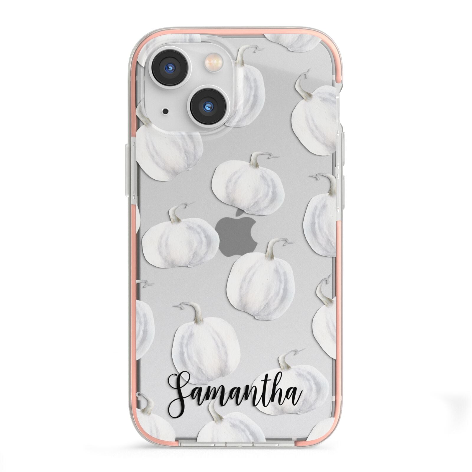 Monochrome Pumpkins with Text iPhone 13 Mini TPU Impact Case with Pink Edges