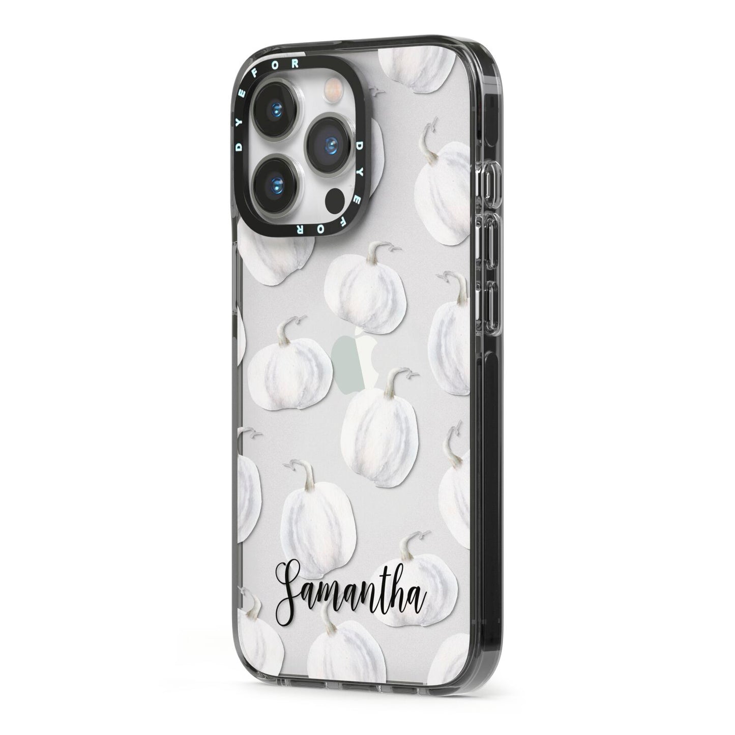 Monochrome Pumpkins with Text iPhone 13 Pro Black Impact Case Side Angle on Silver phone
