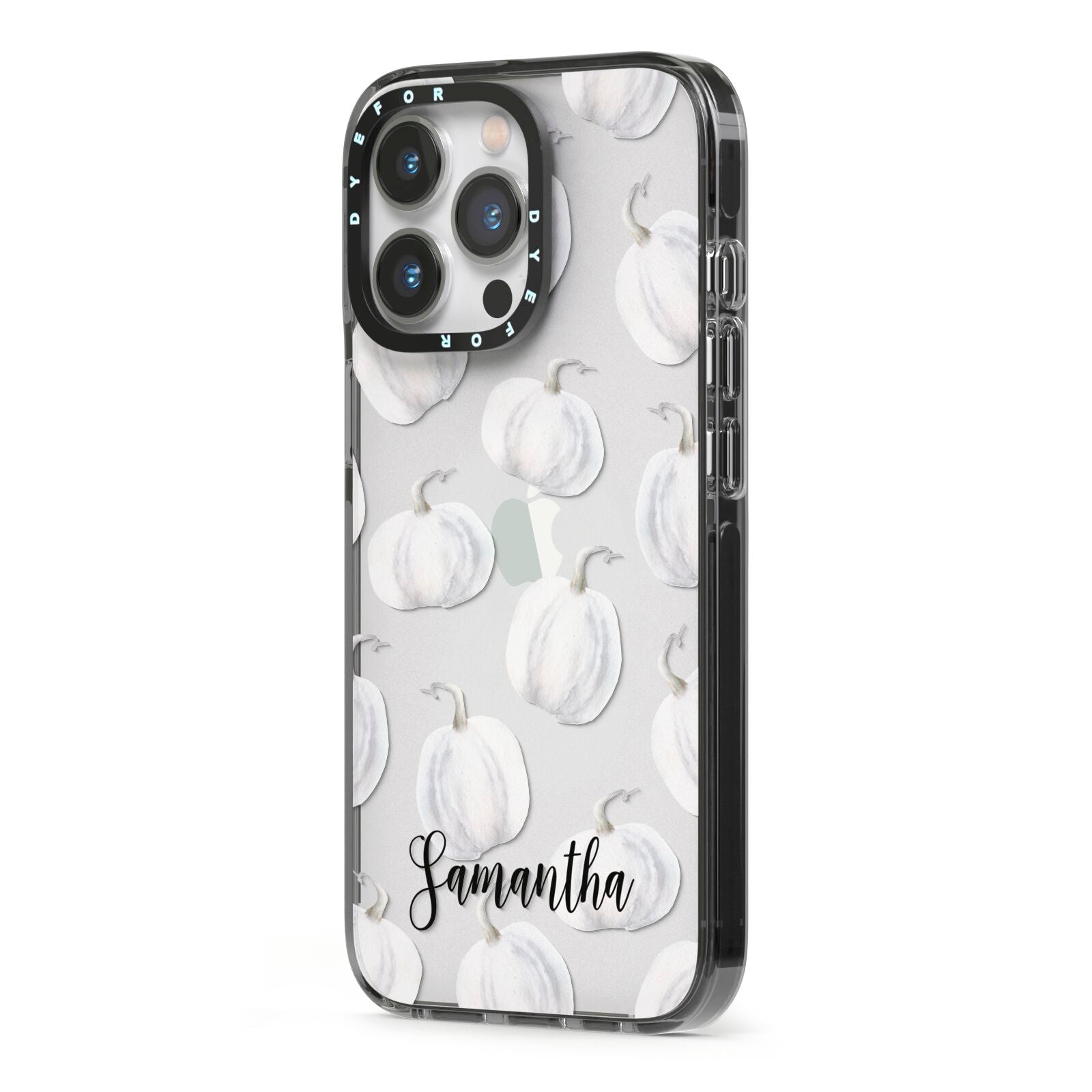 Monochrome Pumpkins with Text iPhone 13 Pro Black Impact Case Side Angle on Silver phone