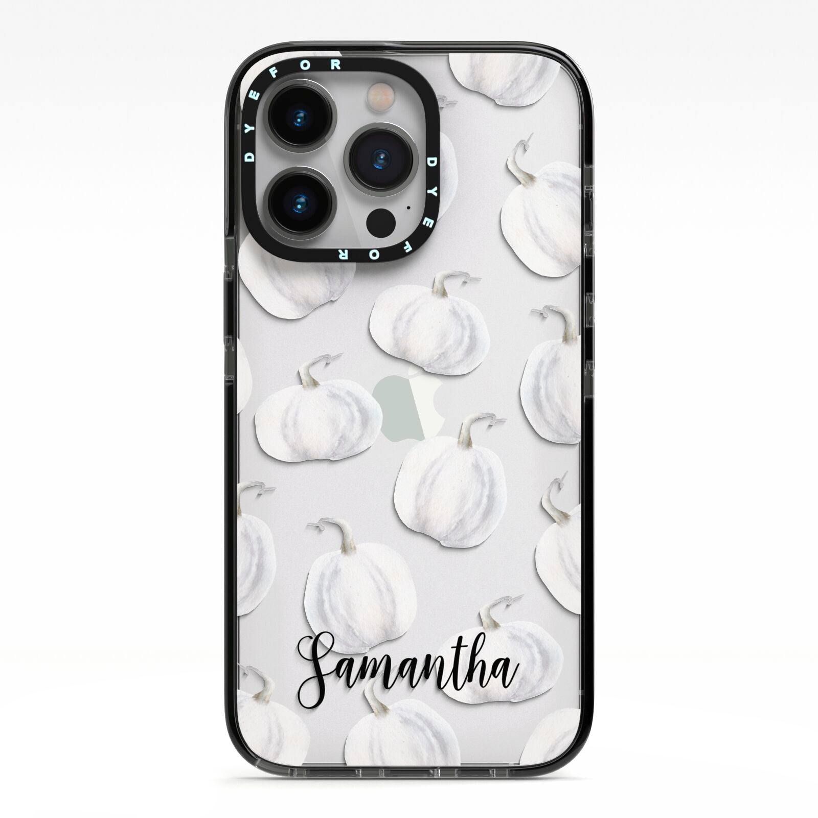 Monochrome Pumpkins with Text iPhone 13 Pro Black Impact Case on Silver phone