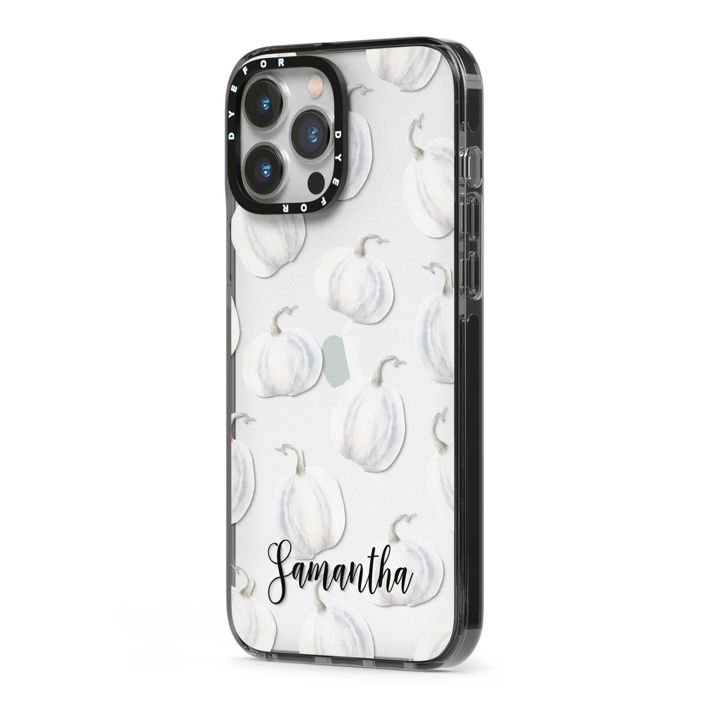 Monochrome Pumpkins with Text iPhone 13 Pro Max Black Impact Case Side Angle on Silver phone