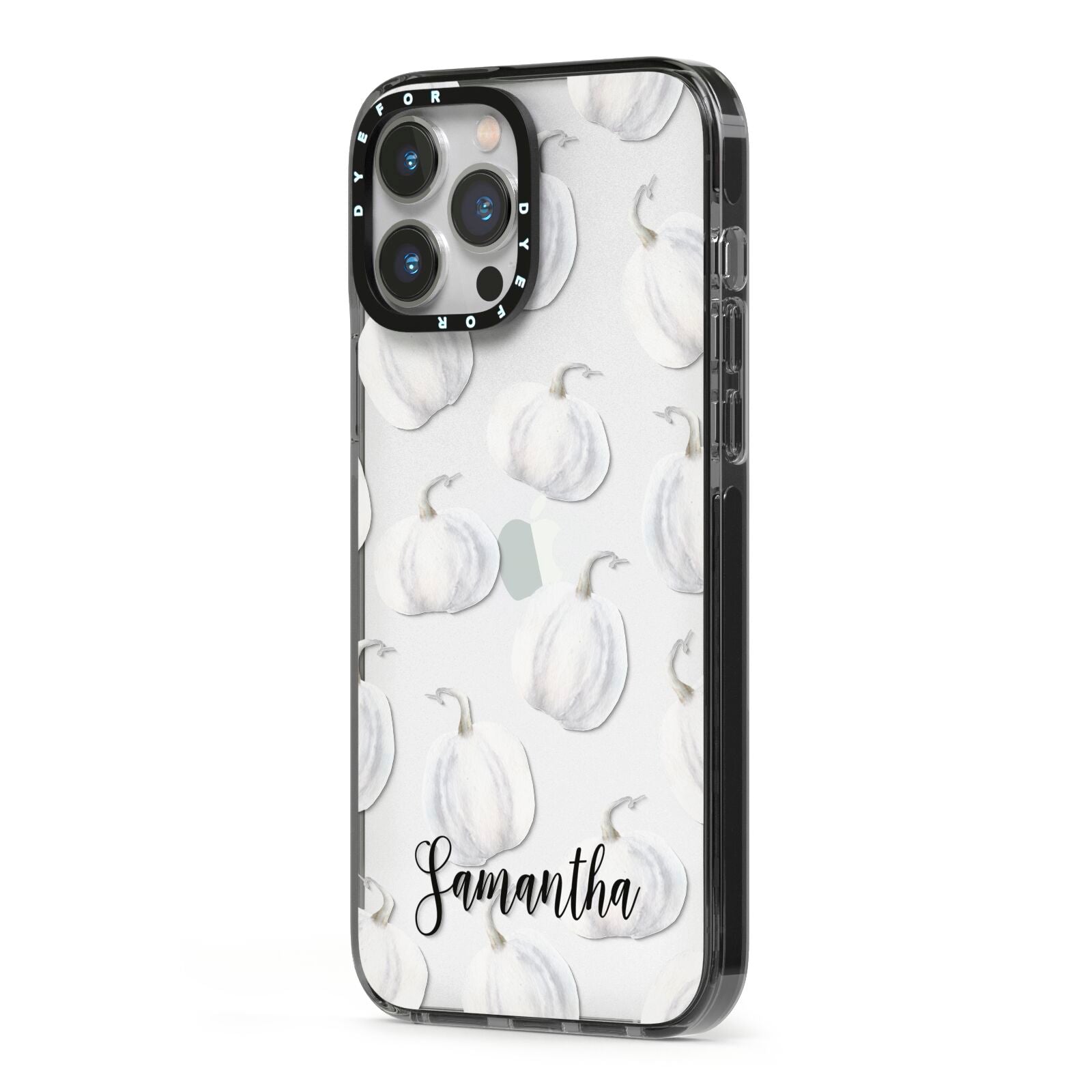 Monochrome Pumpkins with Text iPhone 13 Pro Max Black Impact Case Side Angle on Silver phone