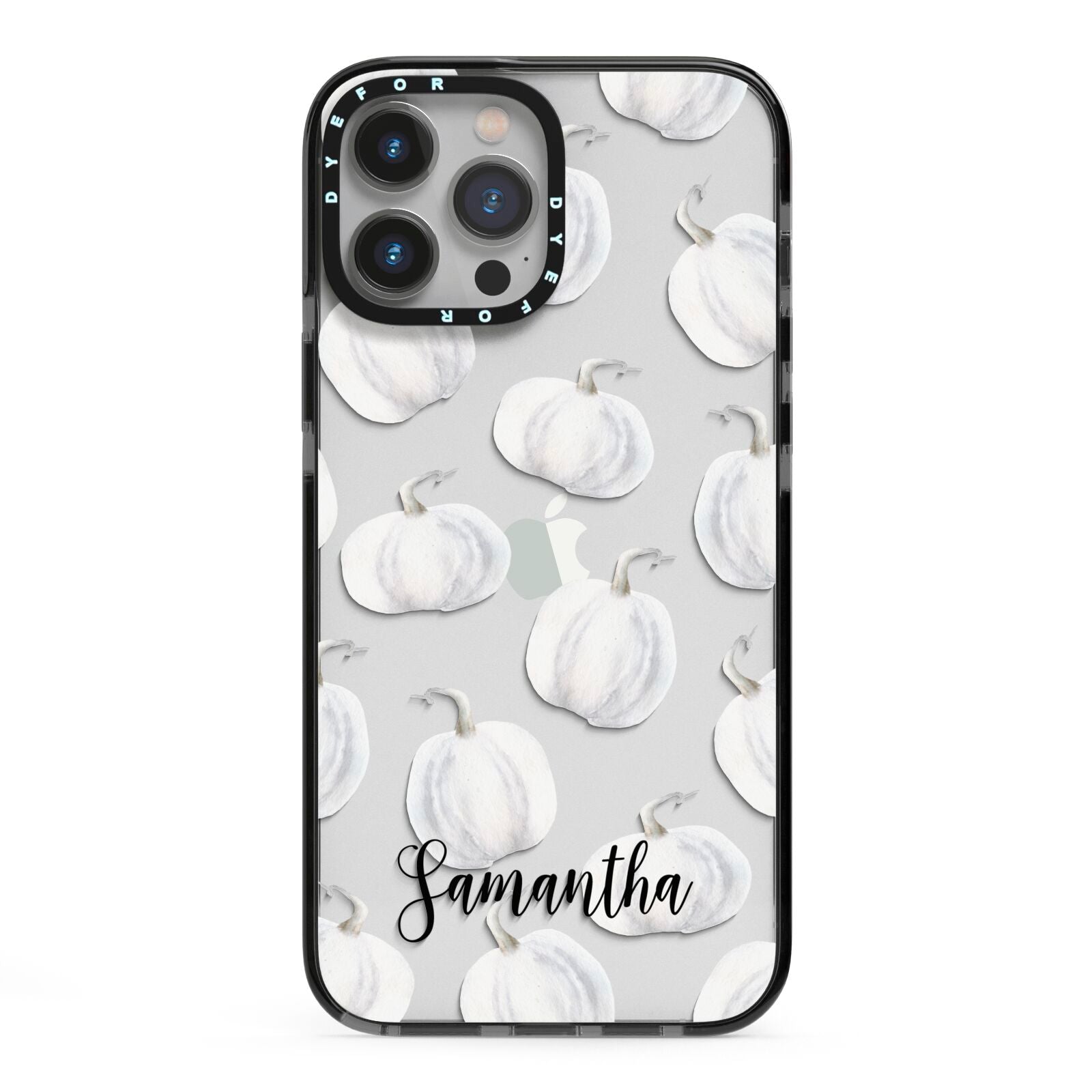 Monochrome Pumpkins with Text iPhone 13 Pro Max Black Impact Case on Silver phone