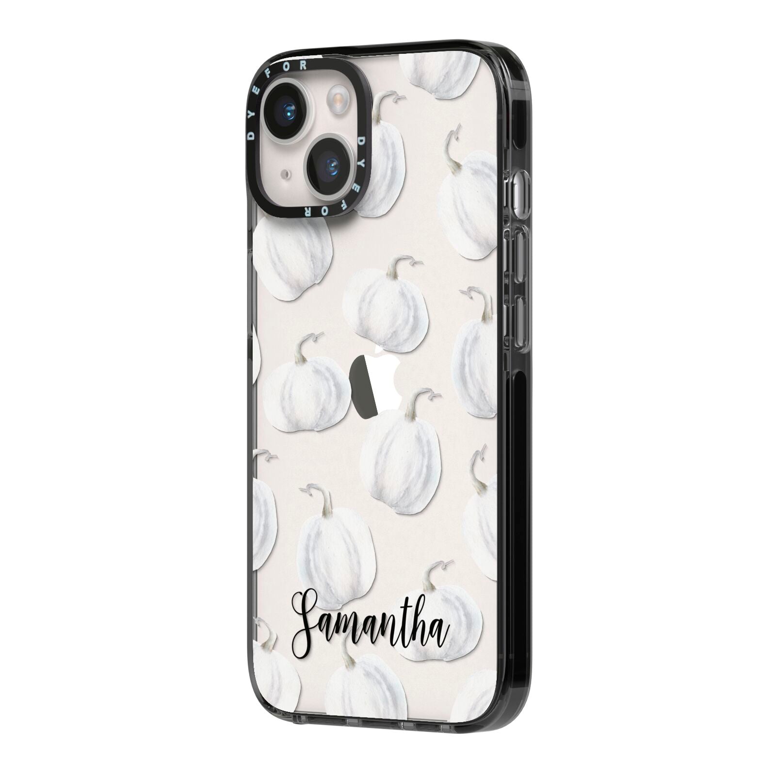 Monochrome Pumpkins with Text iPhone 14 Black Impact Case Side Angle on Silver phone