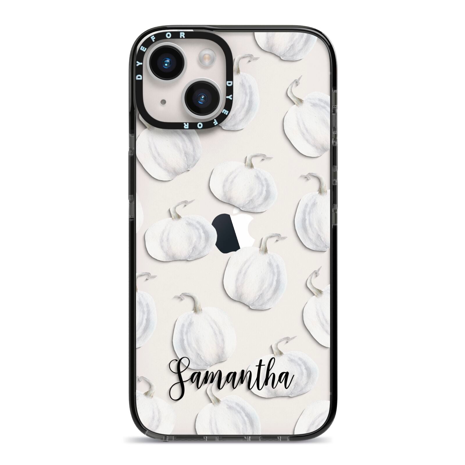 Monochrome Pumpkins with Text iPhone 14 Black Impact Case on Silver phone