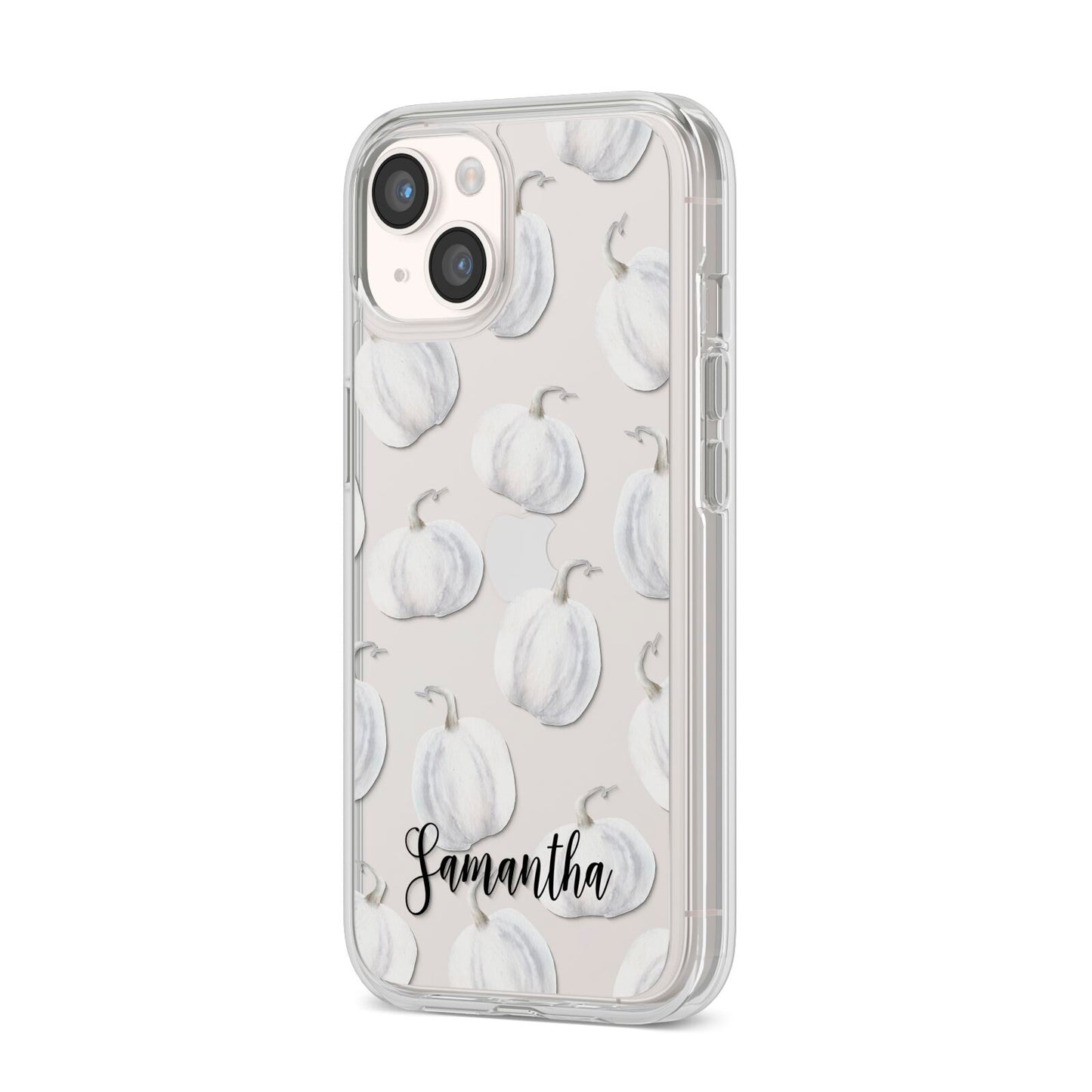 Monochrome Pumpkins with Text iPhone 14 Clear Tough Case Starlight Angled Image