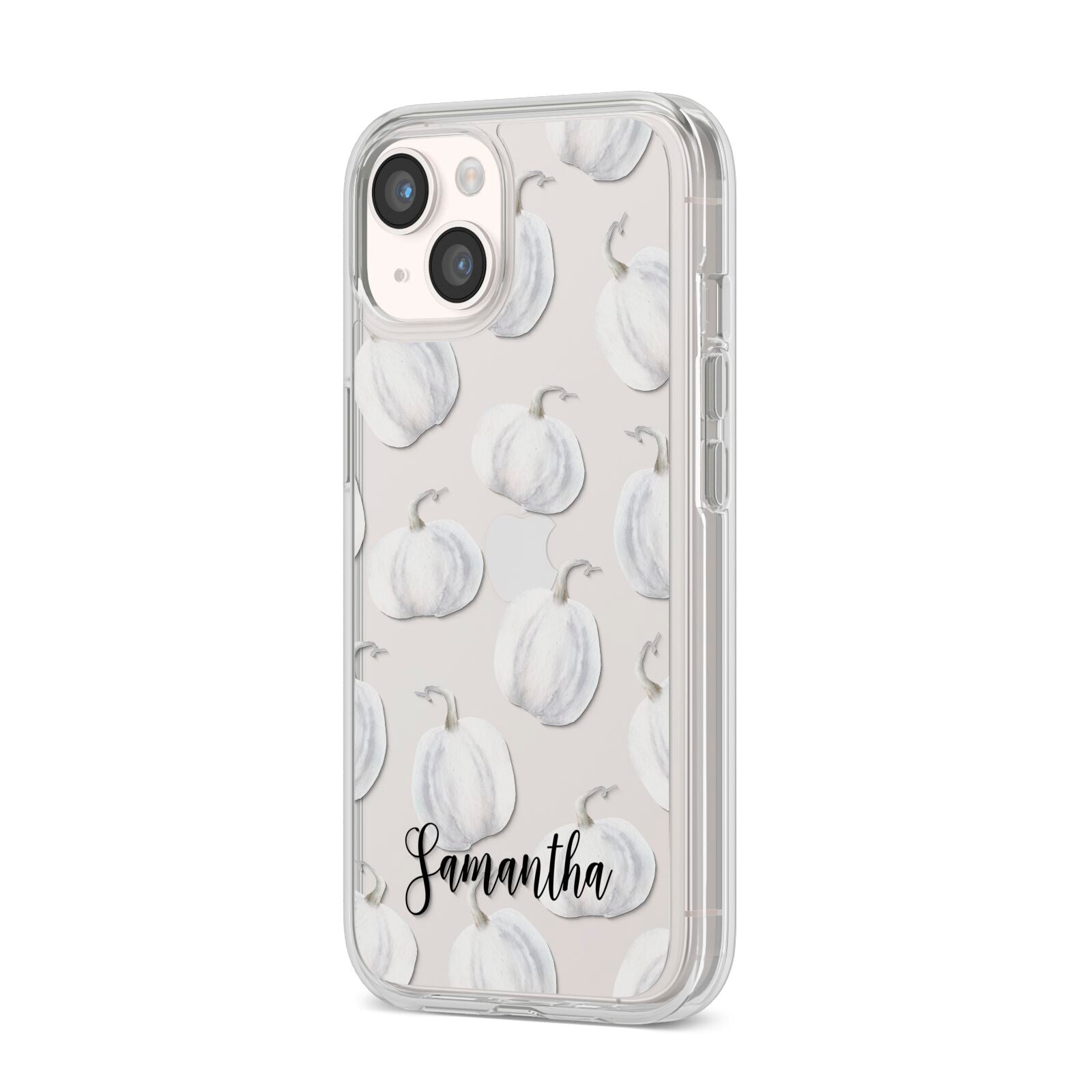 Monochrome Pumpkins with Text iPhone 14 Clear Tough Case Starlight Angled Image