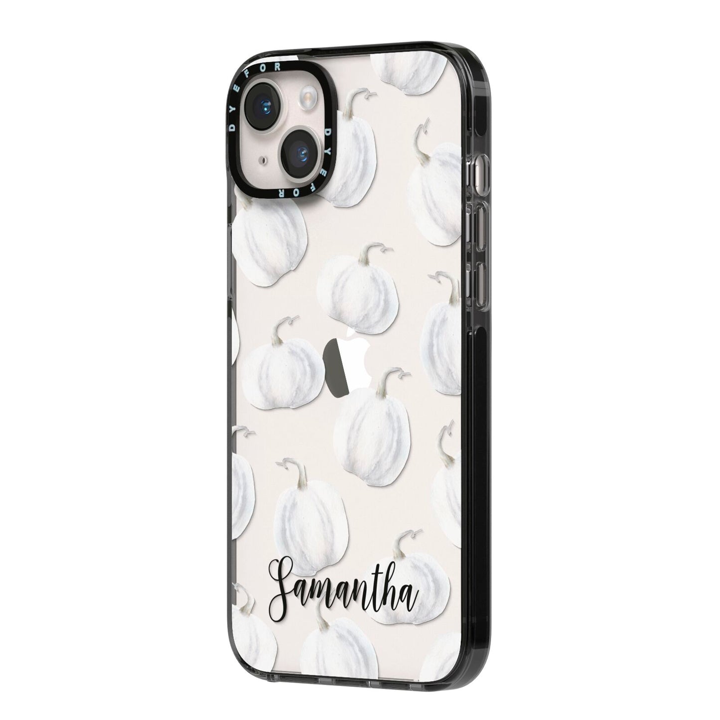 Monochrome Pumpkins with Text iPhone 14 Plus Black Impact Case Side Angle on Silver phone
