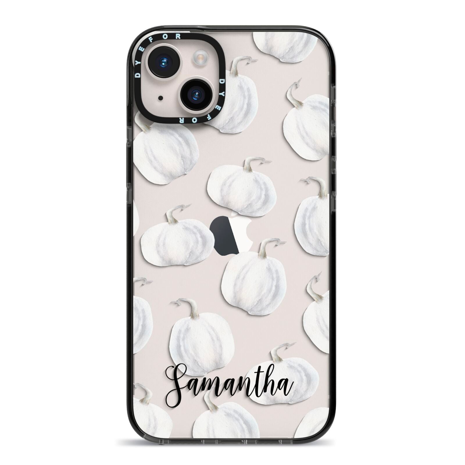 Monochrome Pumpkins with Text iPhone 14 Plus Black Impact Case on Silver phone