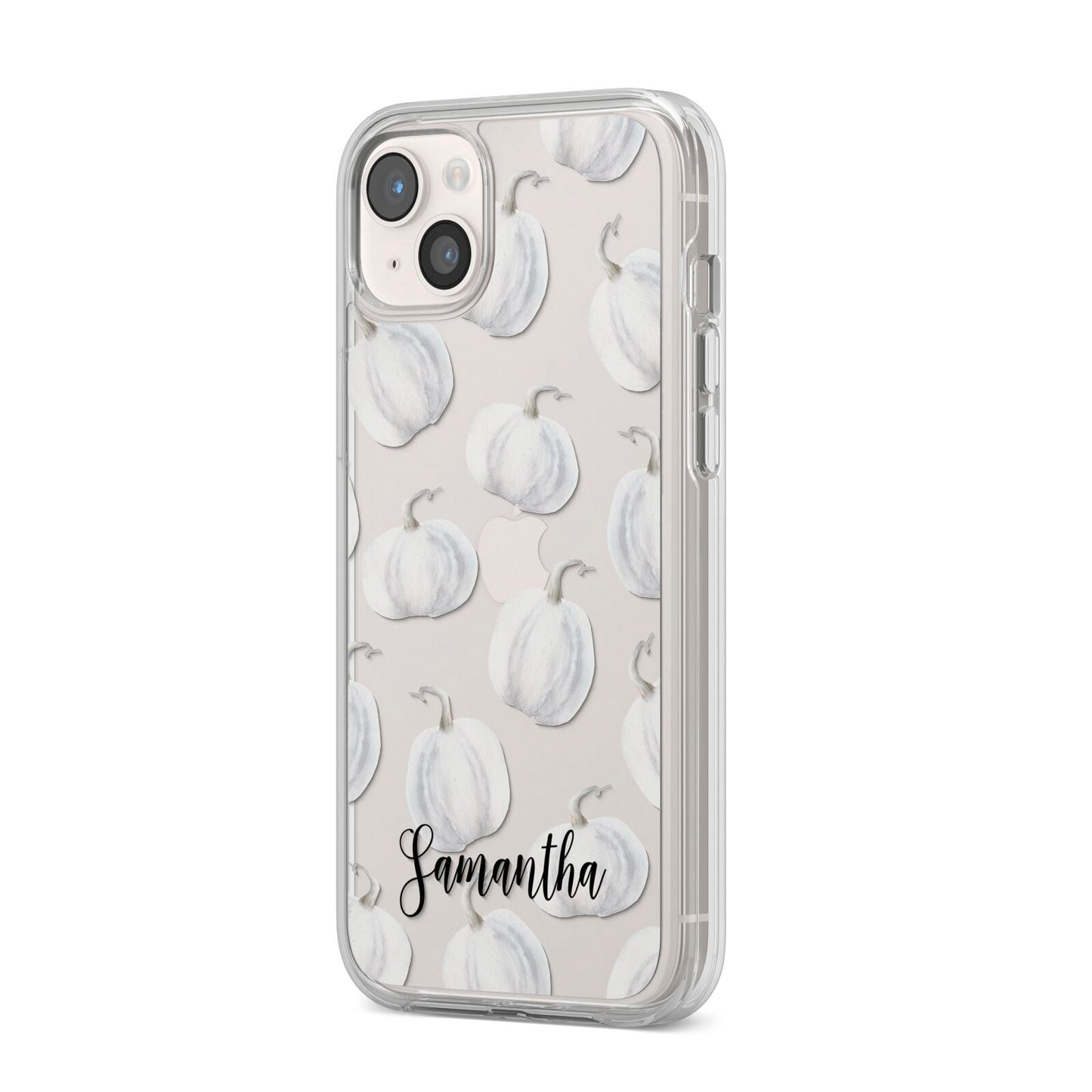 Monochrome Pumpkins with Text iPhone 14 Plus Clear Tough Case Starlight Angled Image