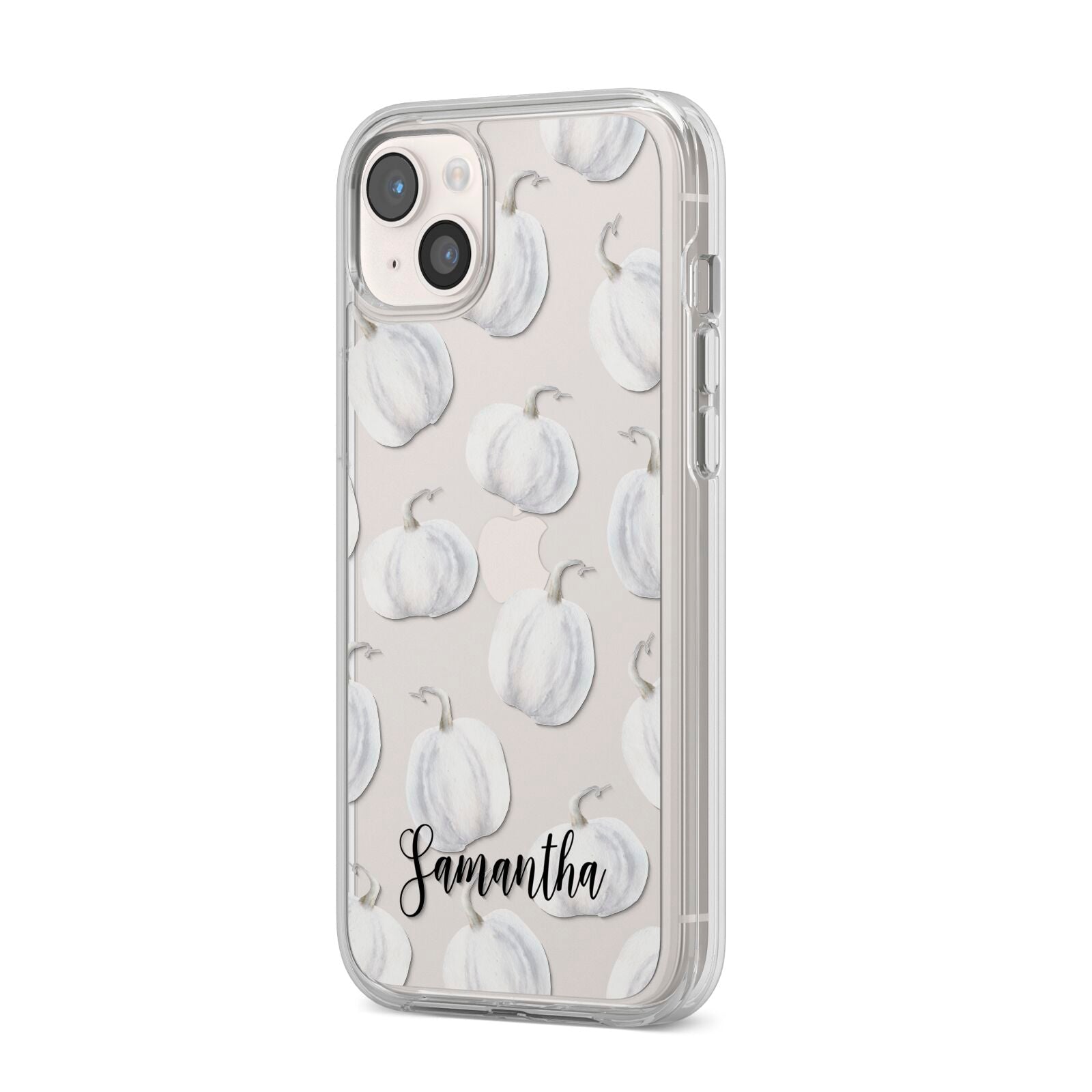 Monochrome Pumpkins with Text iPhone 14 Plus Clear Tough Case Starlight Angled Image
