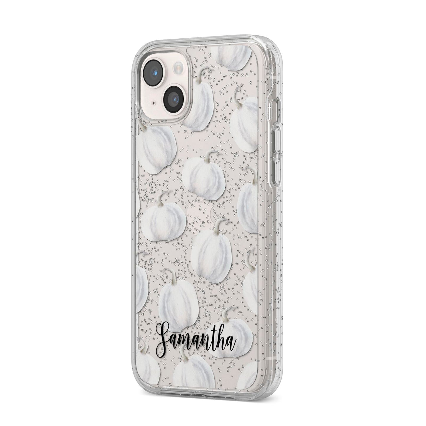 Monochrome Pumpkins with Text iPhone 14 Plus Glitter Tough Case Starlight Angled Image