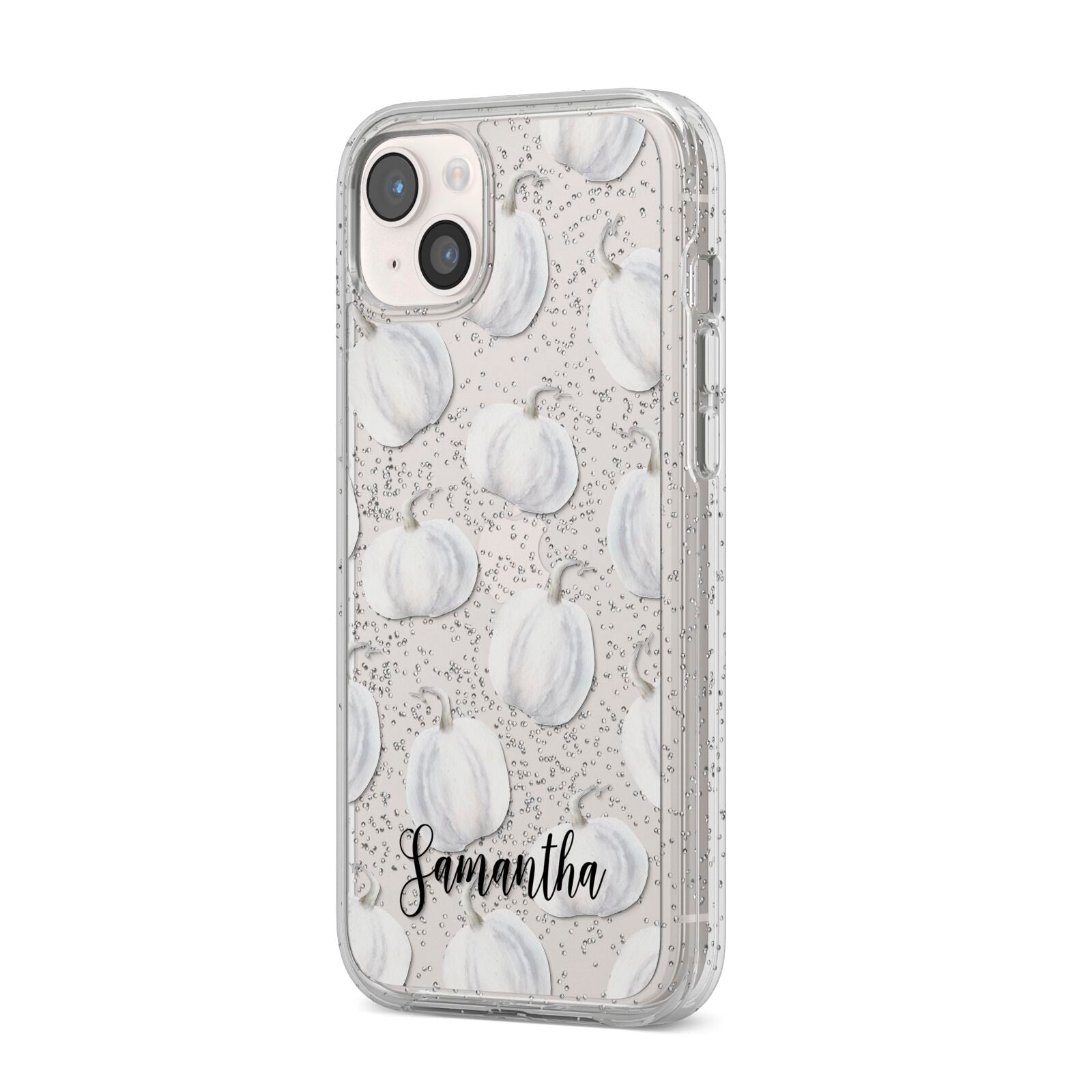 Monochrome Pumpkins with Text iPhone 14 Plus Glitter Tough Case Starlight Angled Image