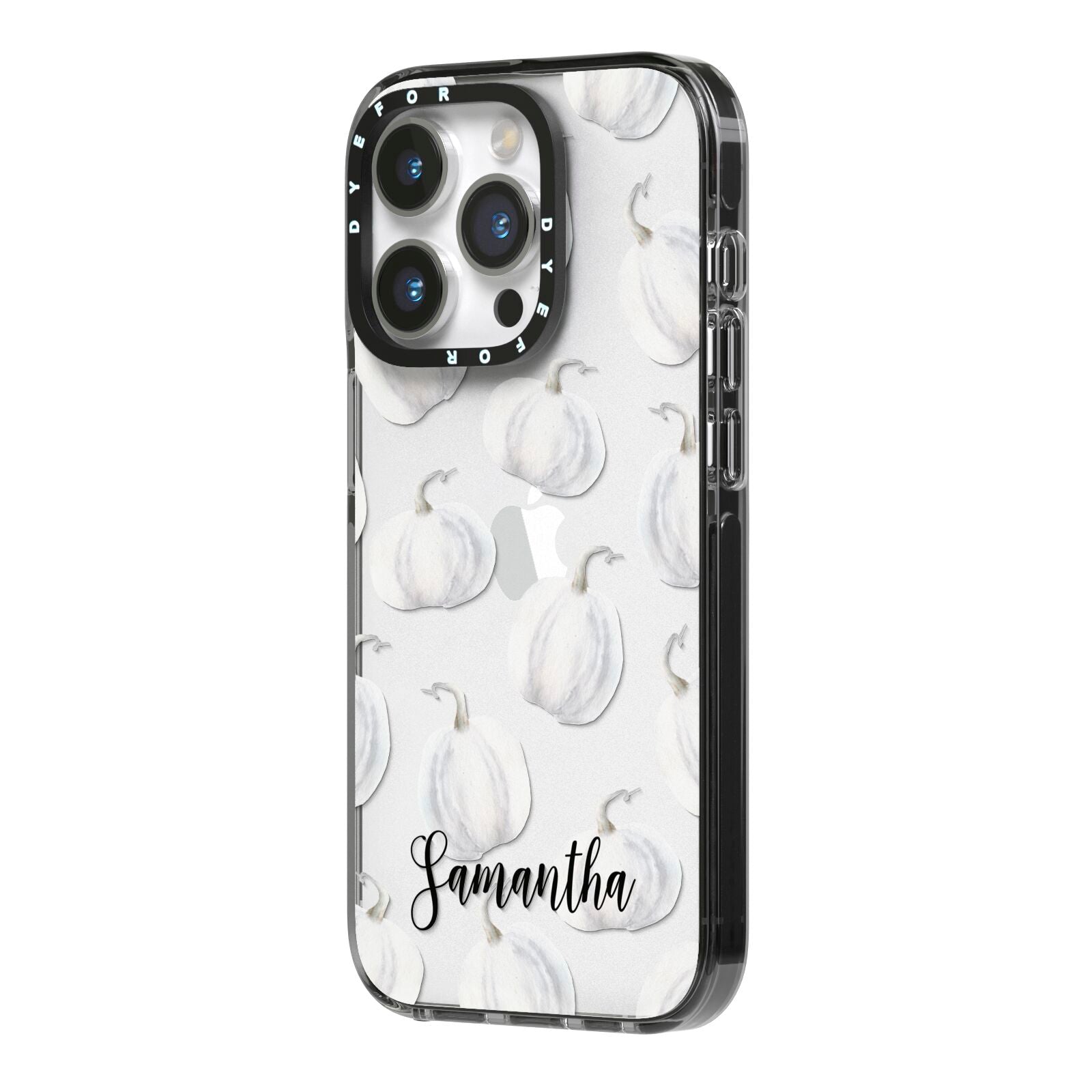 Monochrome Pumpkins with Text iPhone 14 Pro Black Impact Case Side Angle on Silver phone