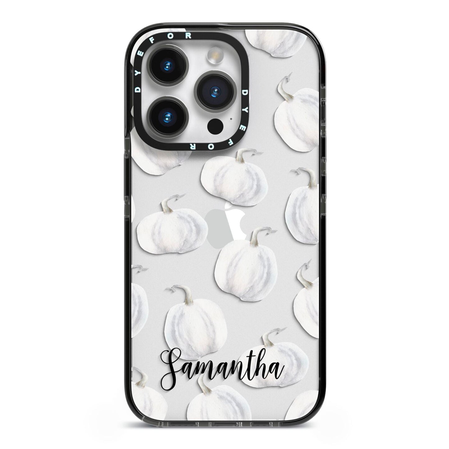 Monochrome Pumpkins with Text iPhone 14 Pro Black Impact Case on Silver phone