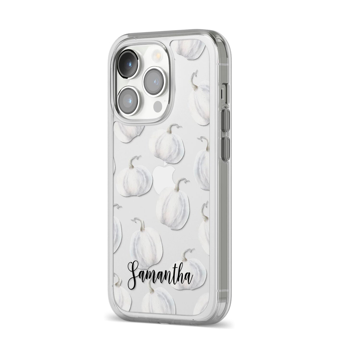 Monochrome Pumpkins with Text iPhone 14 Pro Clear Tough Case Silver Angled Image